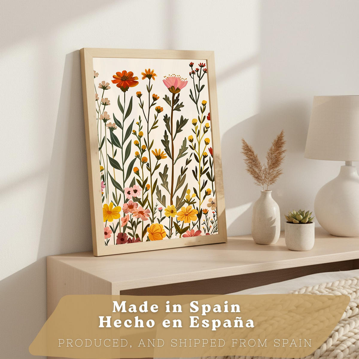 PLAKAT Sada 3 tisků akvarelových květin. Nástěnné umění Barevné botanické plakáty s divokými květinami do Obývacího pokoje A3 Světelný dřevěný rám - béžová, papír (29.7/42/3cm) - Nacnic