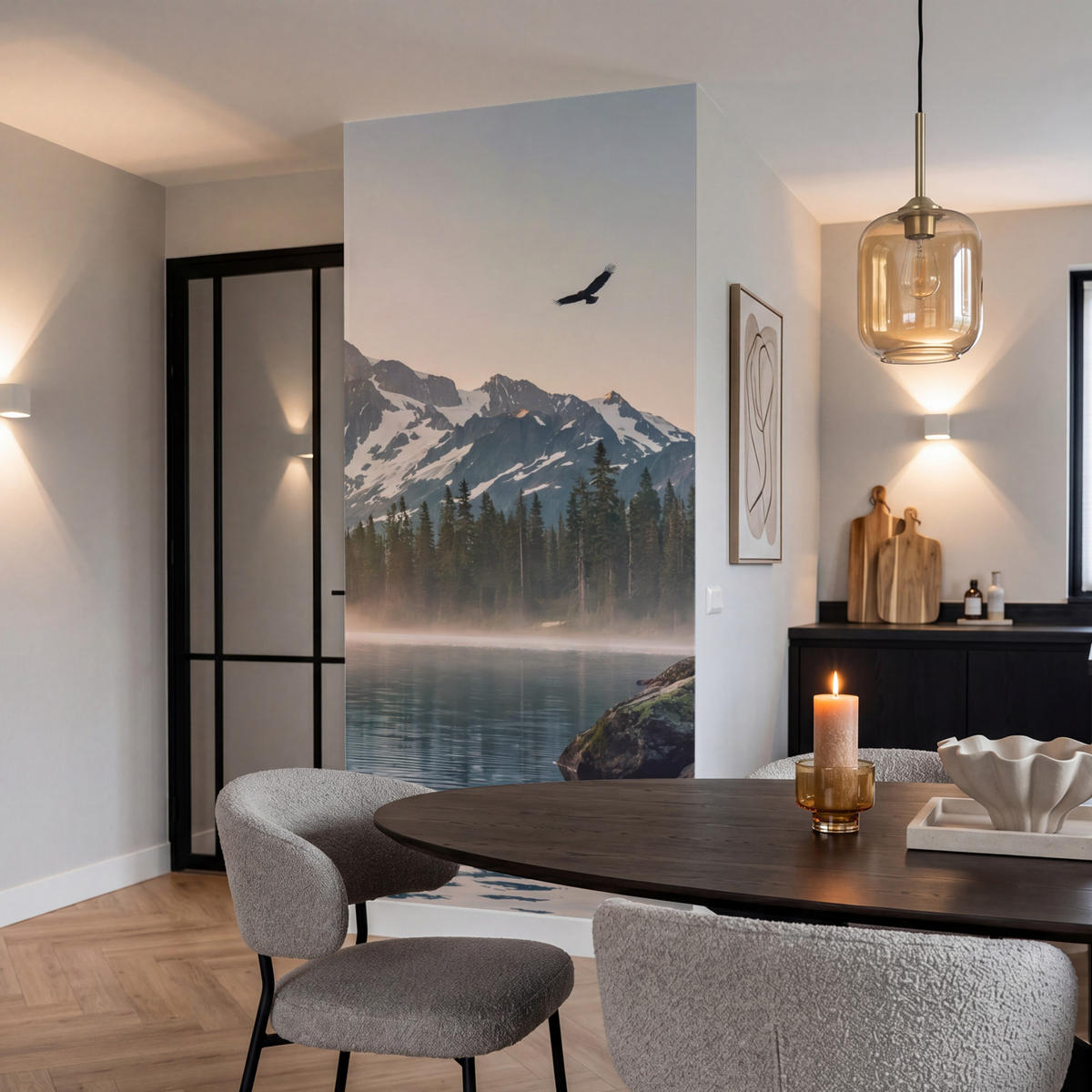 TAPETE - Berge - Wasser - Bäume - 100x200 cm - Multicolor, Papier (100/200cm) - OnlyWow