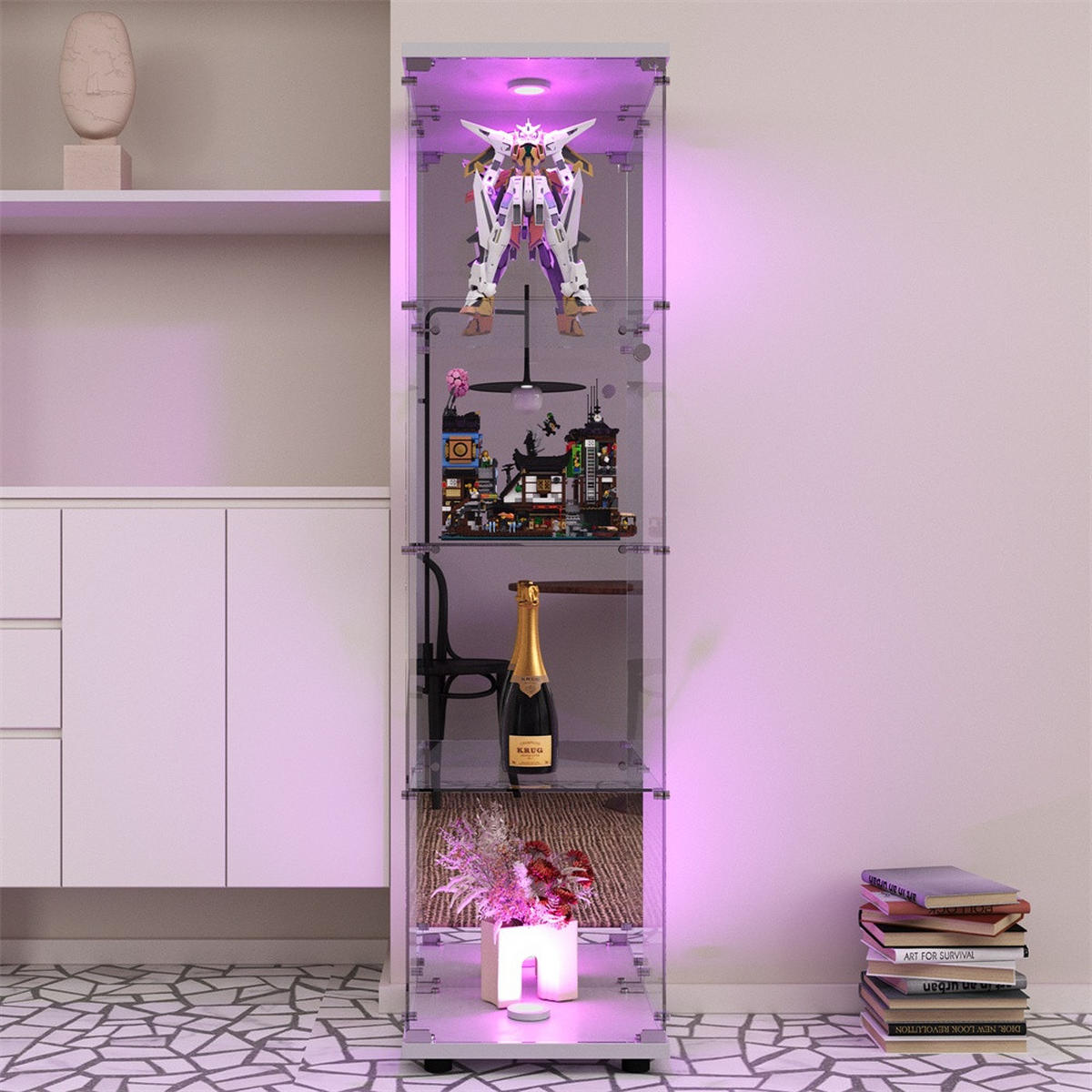 VITRINE - Glasvitrine mit 4 Ebenen - integrierte LED-Beleuchtung - Weißer Holzboden - Weiß, Glas (42.5/164/36.5cm) - DELFA