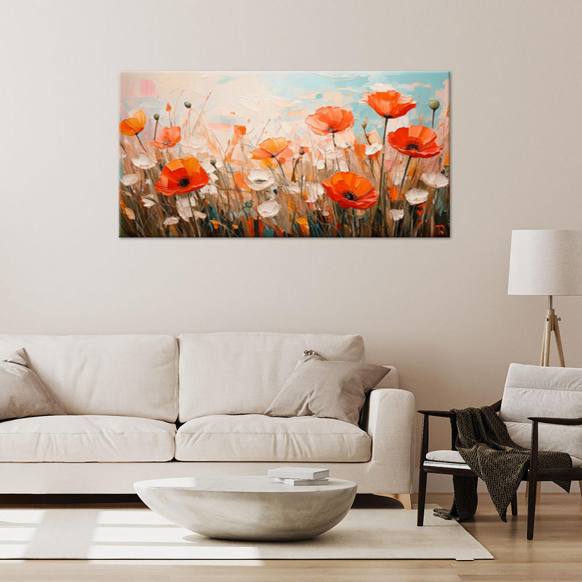 LEINWANDBILD Mohnblumen Blumen auf einer Wiese 100x50cm - Multicolor, Textil (100/50cm) - Feeby