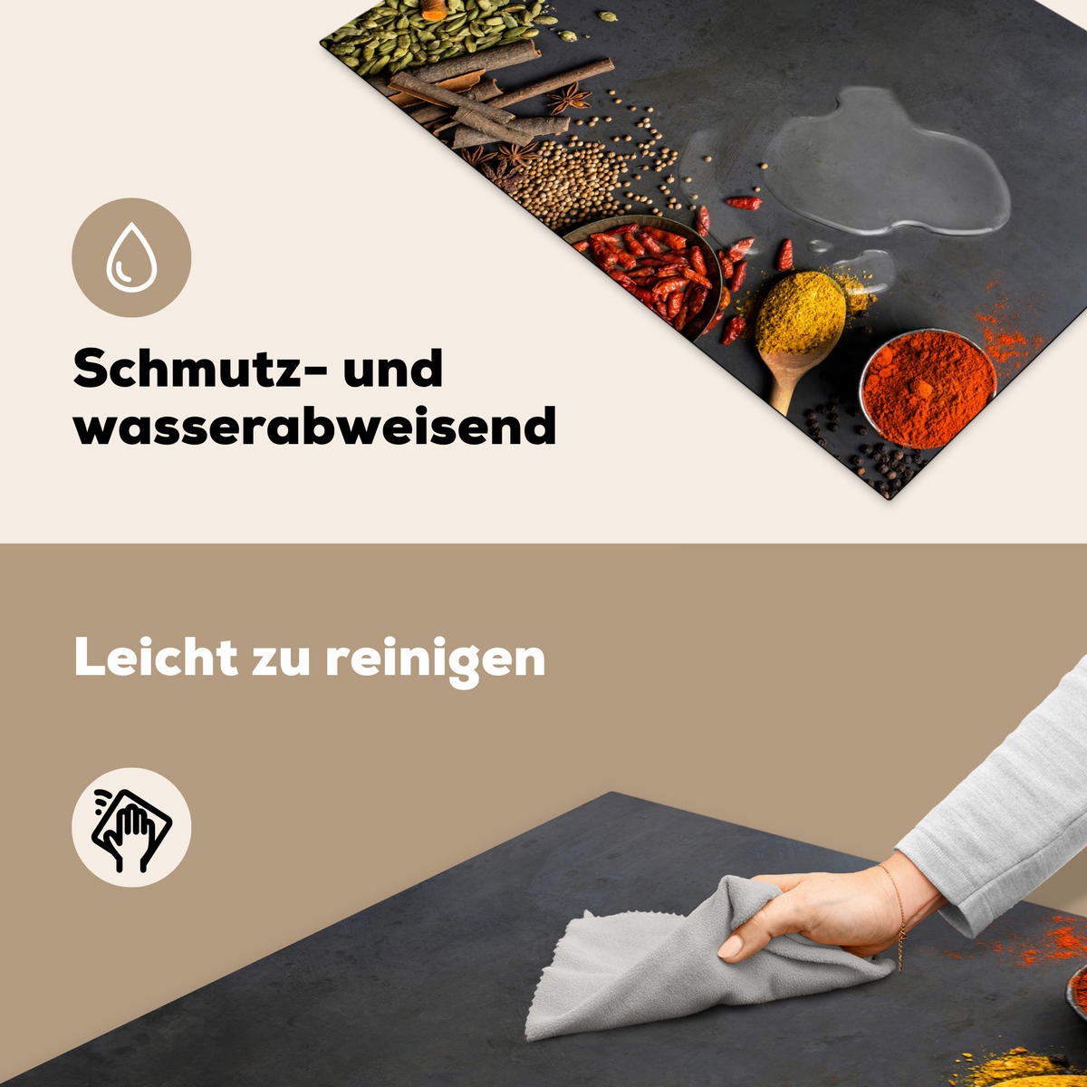 HERDABDECKPLATTE Kräuter - Lebensmittel - Gewürze - Schwarz - Paprika - Zimt 77x51 cm - Currygelb, Kunststoff (77/51/0.2cm) - MuchoWow