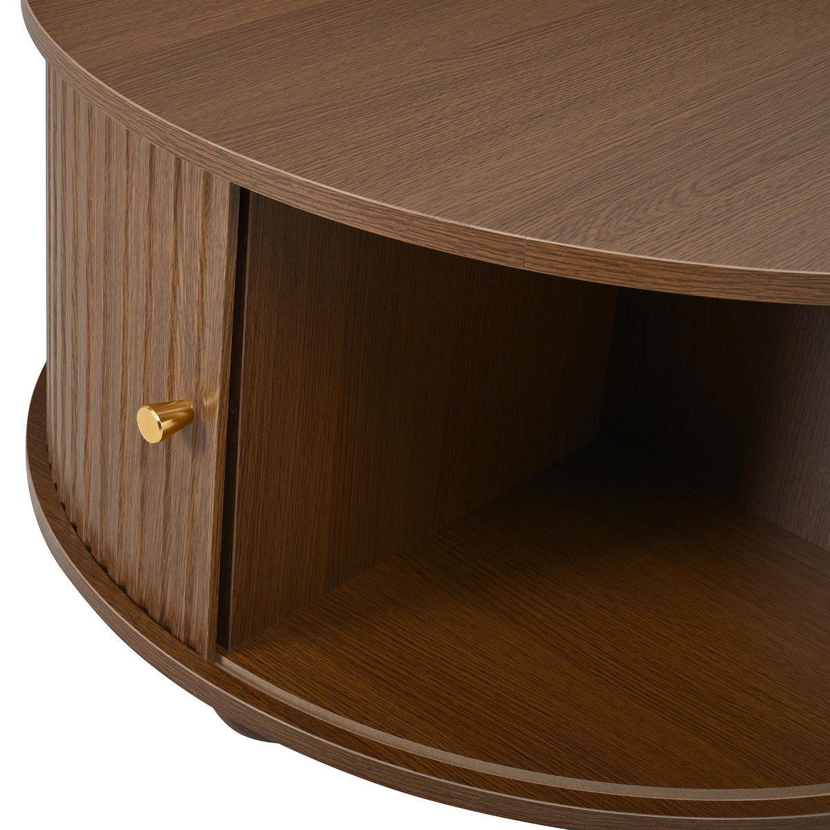 COUCHTISCH DE-37072 rund mit Reliefstruktur und 2 Schiebetüren Nussbaum - Walnussfarben, Holzwerkstoff (72/72/38cm) - ComfortXL