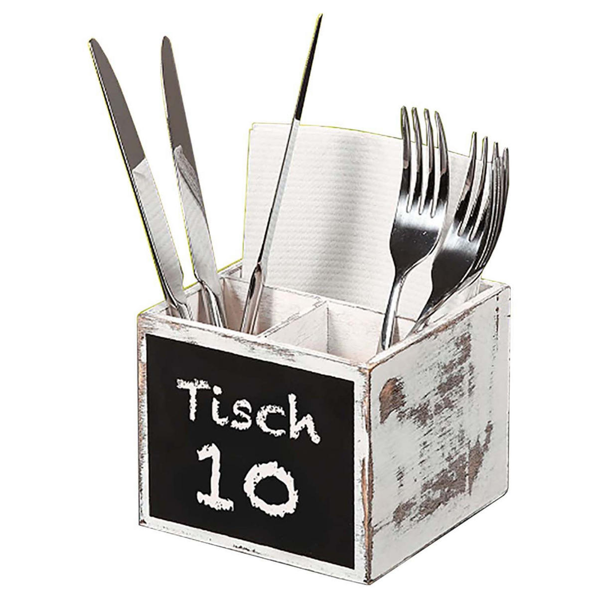 BESTECKBOX, 8 Stück, 3-fach Einteilung & Kreidetafel - Pappelholz - weiß rustikal - Weiß, Holz (12/10/12cm) - Kesper