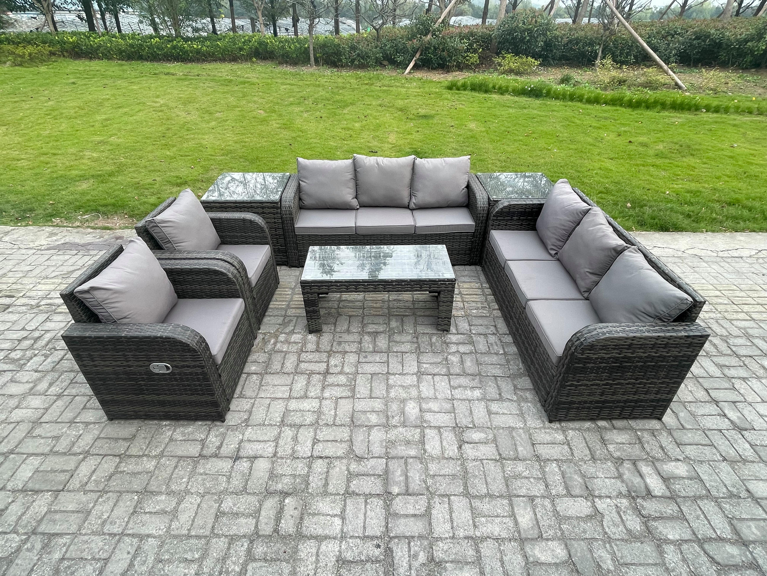 GARTENSOFA SET mit rechteckigem COUCHTISCH Polyrattan 8-Sitzer Dunkelgrau - Dunkelgrau/Grau, Glas/Kunststoff - Fimous