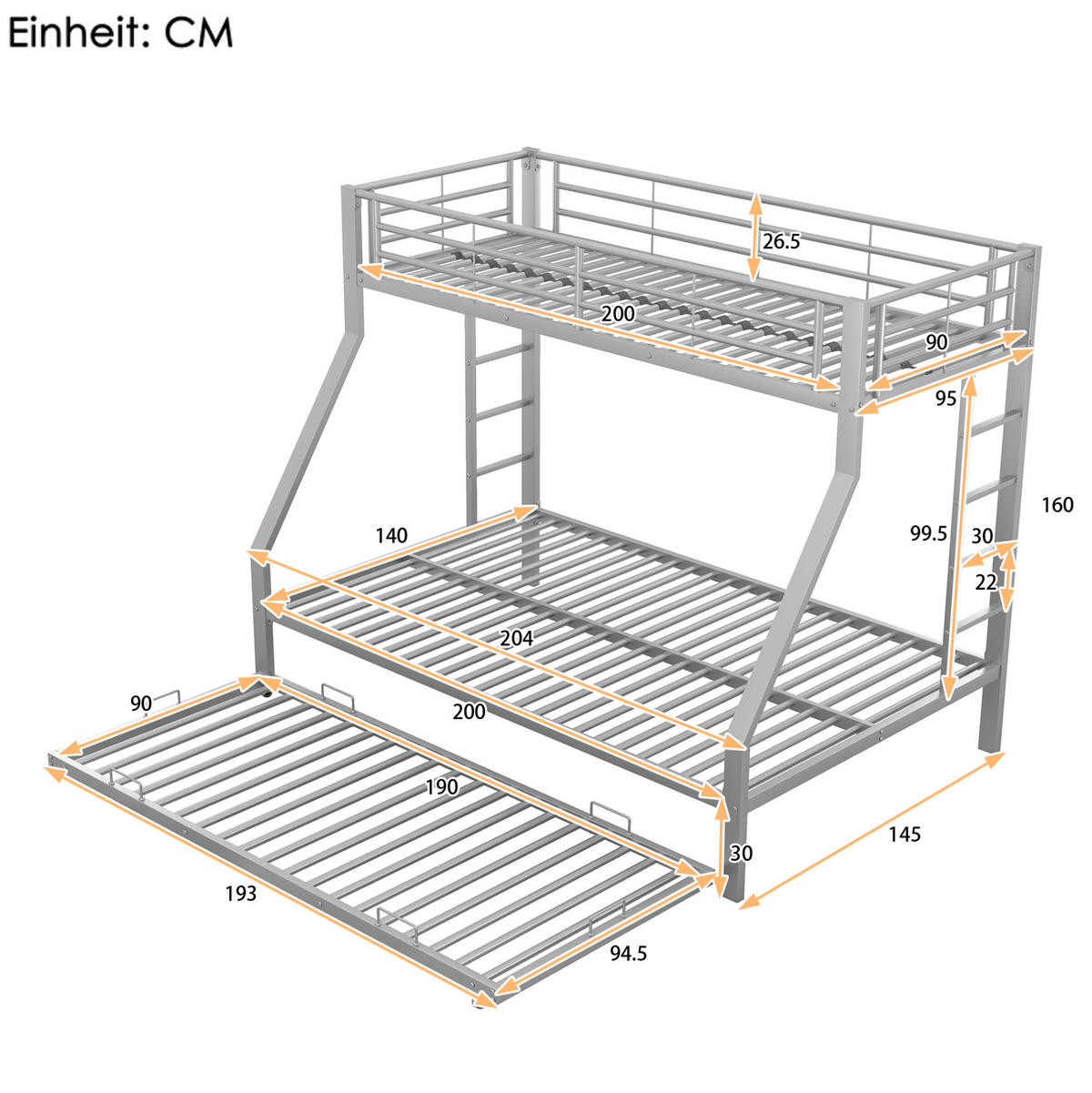 ETAGENBETT aus Metall 90/140x200 cm in Silber mit Ausziehbett - Silberfarben, Metall (90/190cm) - Modfu