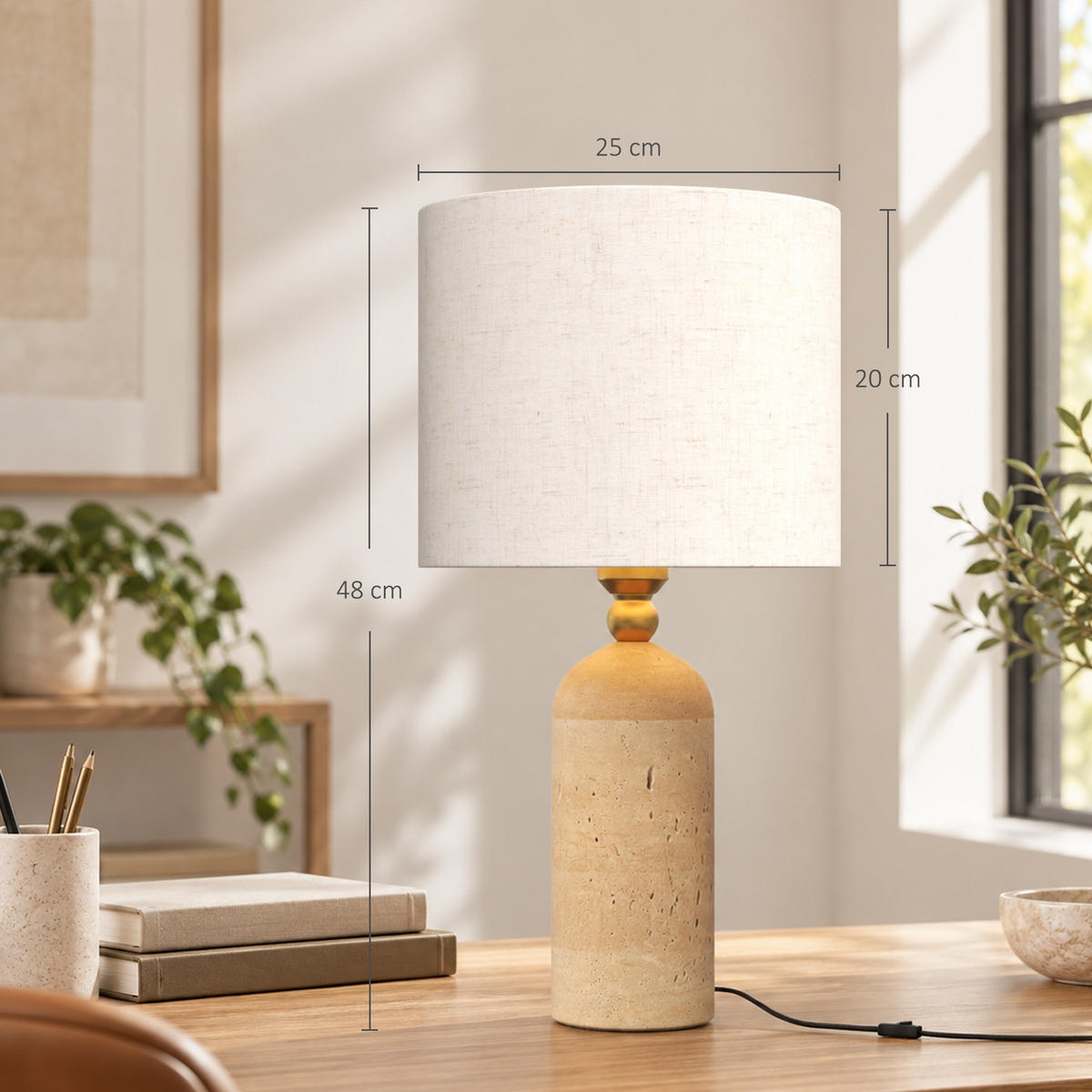 TISCHLAMPE Travertin Leinen Beige - Beige, Stein (25/25/48cm) - HOMCOM