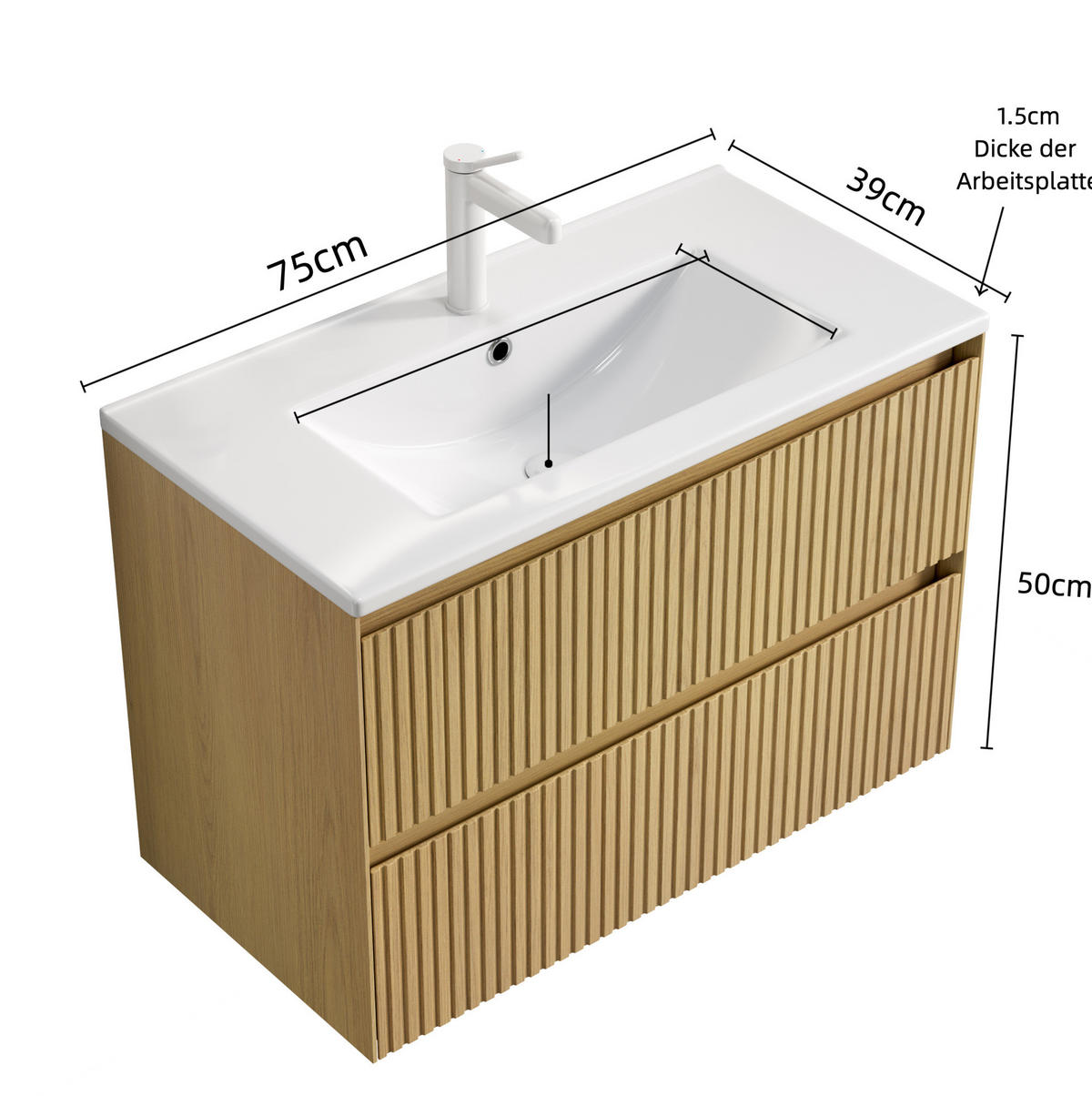 WASCHTISCHKOMBI 75 cm mit 2 Schubladen in Goldeneiche und Weiß - Eichefarben, Keramik (75/51.5/39cm) - BEAOK