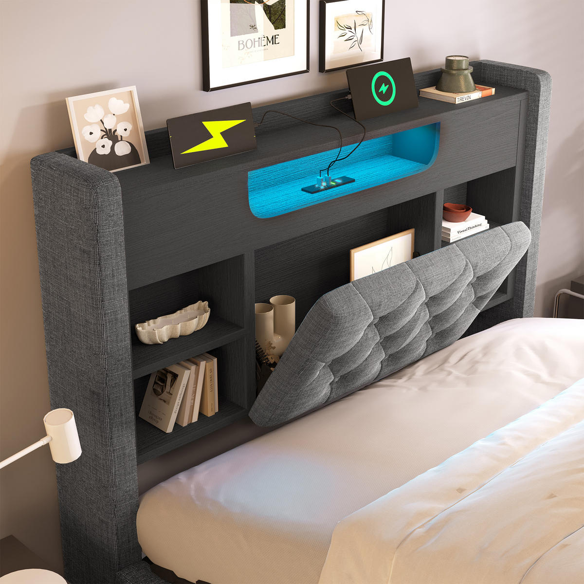 ČALOUNĚNÁ POSTEL 90/200 cm v šedé barvě s úložným prostorem, LED a USB-C - šedá, kov/kompozitní dřevo (90/200cm) - CHICFURN