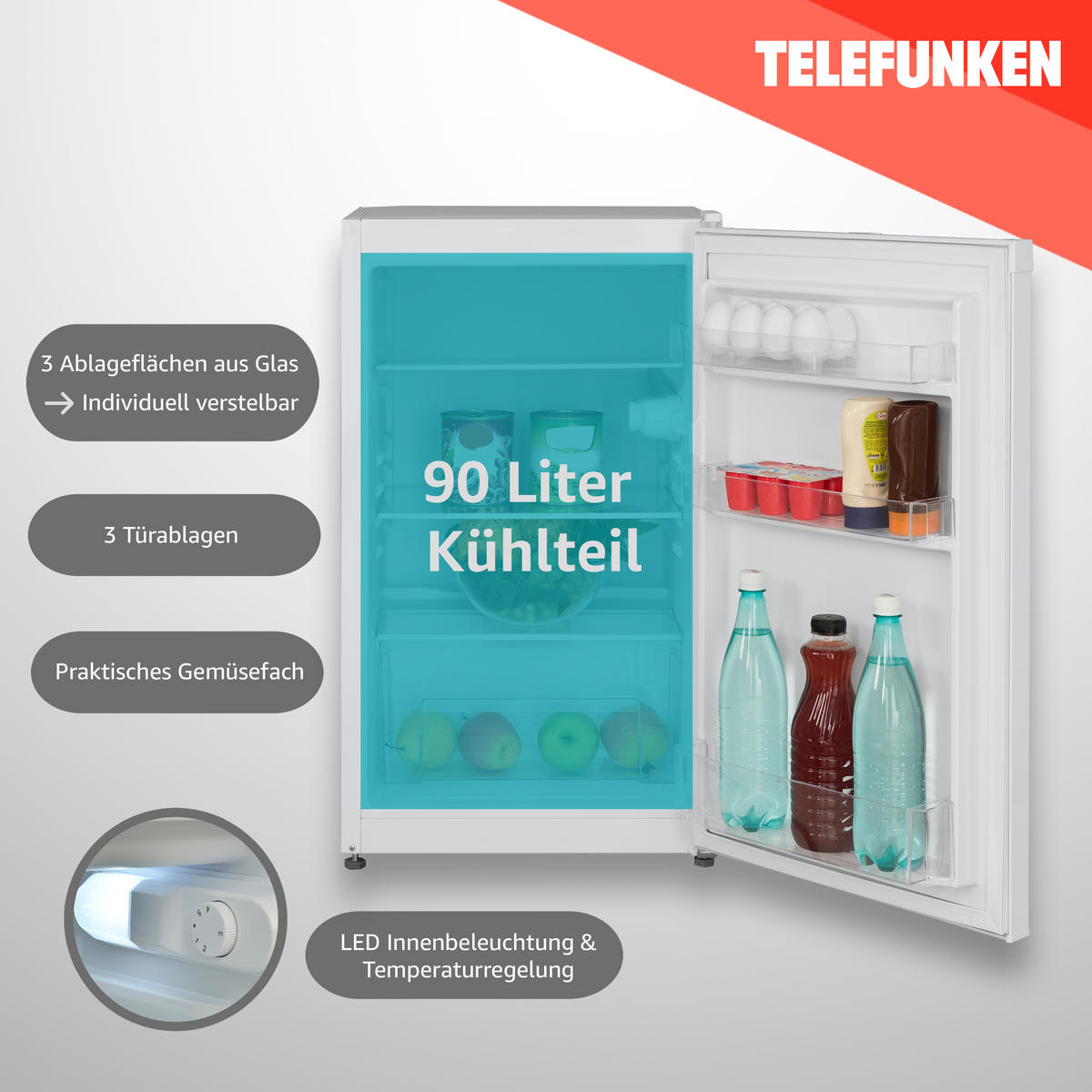 KÜHLSCHRANK, ohne Gefrierfach, freistehend, klein, 90 Liter Nutzinhalt, mit Gemüsefach & 3 Ablagen, Temperaturregelung, CF-31-121-W - Weiß, Kunststoff/Metall (48/82.1/50cm) - Telefunken