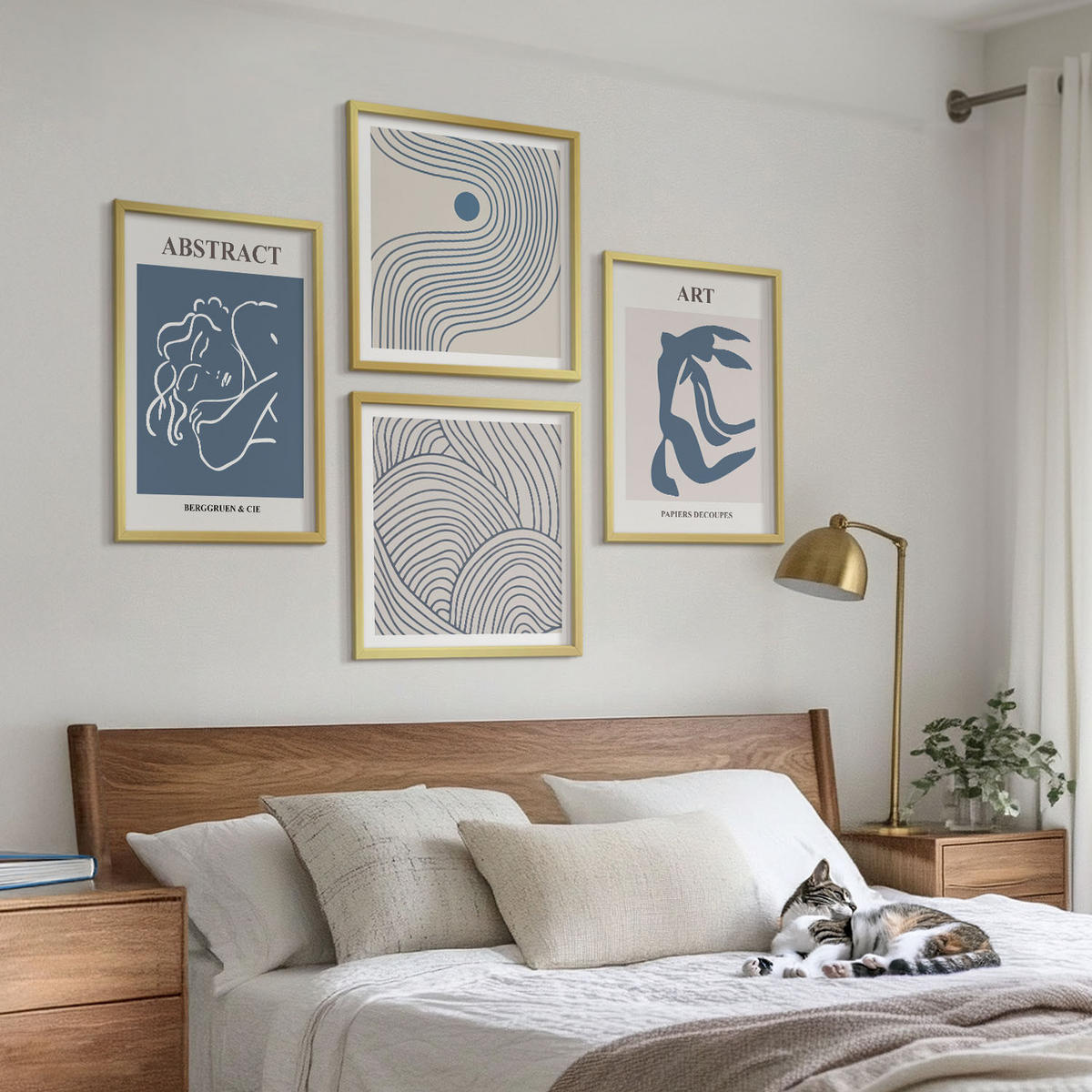 BILDER SET 4er Set - 50x50 cm & 40x60 cm Goldrahmen - Poster mit abstrakten Linien und Wellen - Goldfarben, Kunststoff (50/50cm) - TULUP