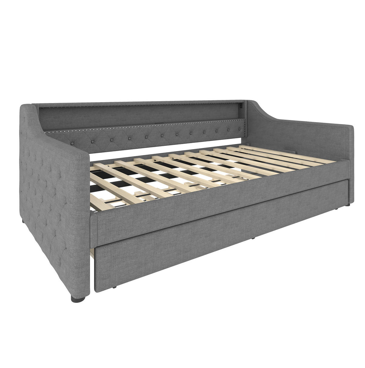TAGESBETT 90/200 cm mit Ausziehbett, LED-Beleuchtung, USB-Anschluss und Lattenrost, Leinenbezug, Grau - Grau, Textil (90/200cm) - Redom