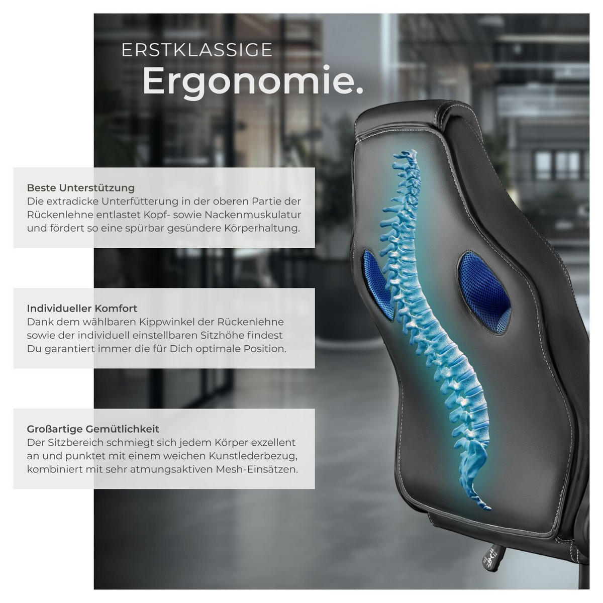 BÜROSTUHL Mike, stufenlos höhenverstellbar, schwarz/blau - Blau/Schwarz, Leder (68/114.5/69cm) - tectake