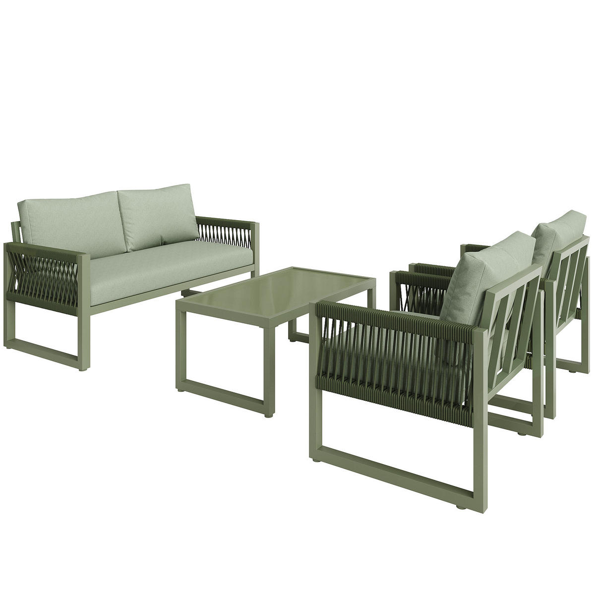 GARTEN-LOUNGE-SET mit Glas-Couchtisch & Seilgeflecht, 4-teilig, 126/65/72 cm, Grün - Grün, Metall - Redom