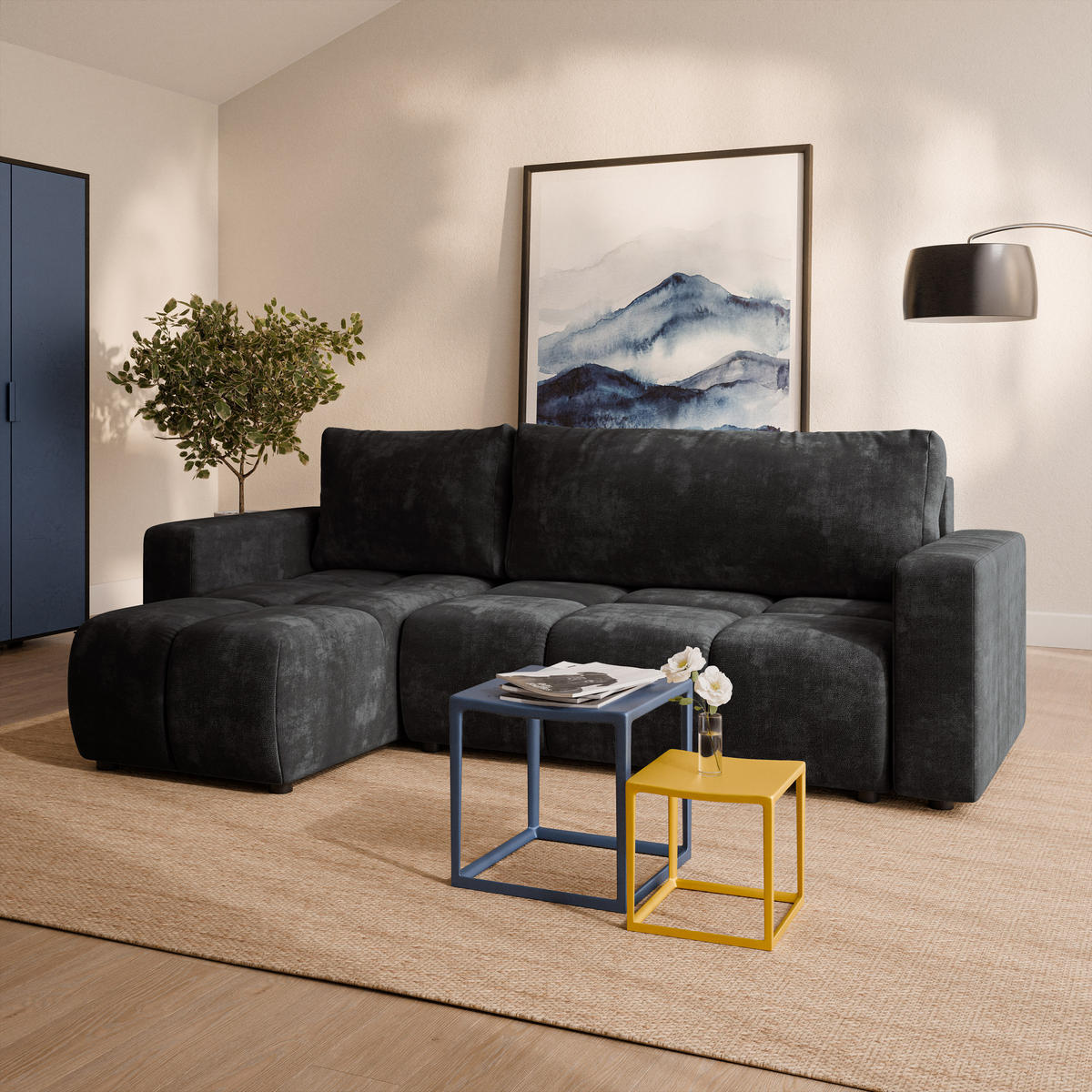 ECKSOFA RAMIL Schwarz Chenille mit Schlaffunktion - Schwarz, Holz (240/149cm) - MASSENO