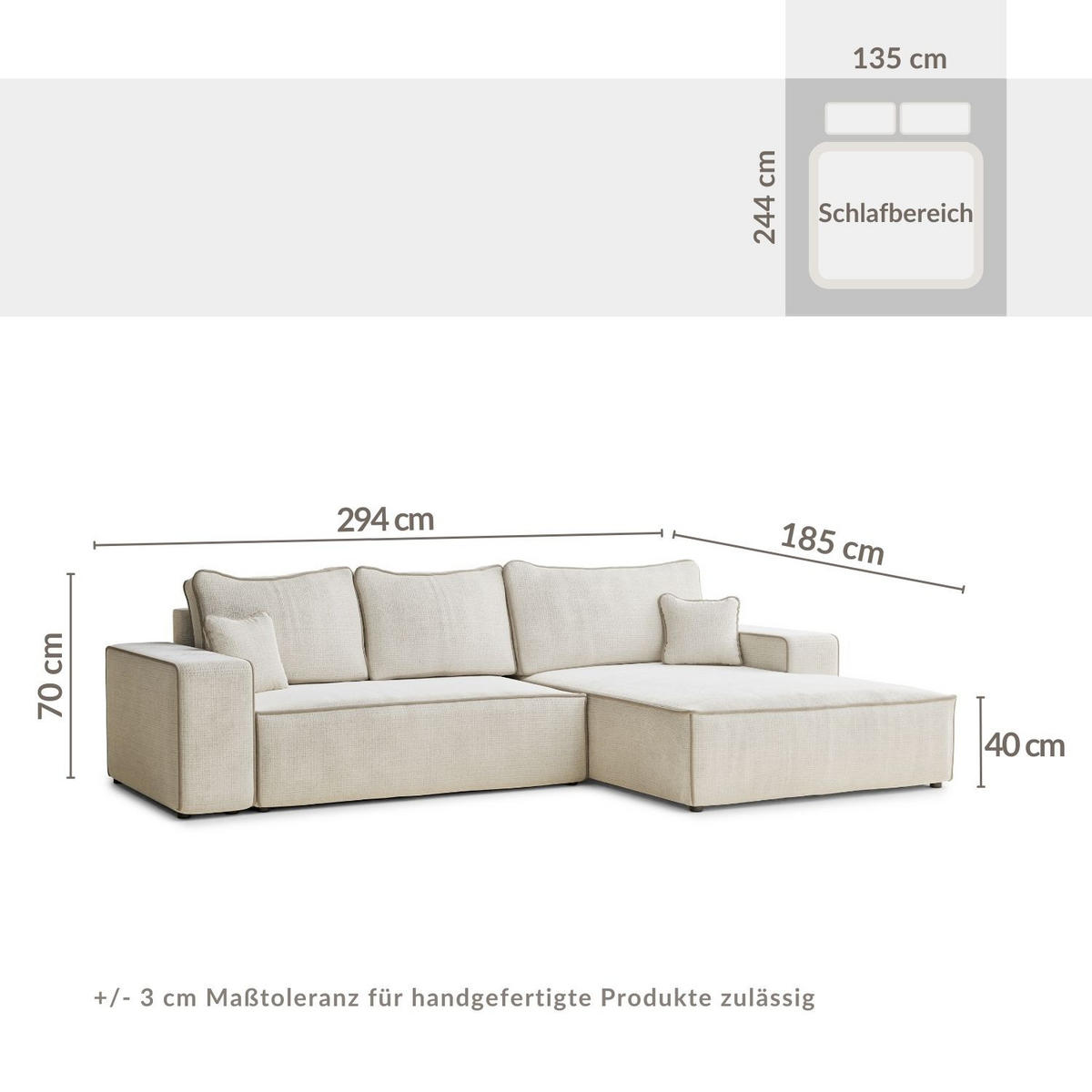 ECKSOFA MIT SCHLAFFUNKTION Modo Beige Chenille-Stoff - Rechts Seite - Ecru/Beige, Holz/Holzwerkstoff (294/185cm) - Maison de Reve
