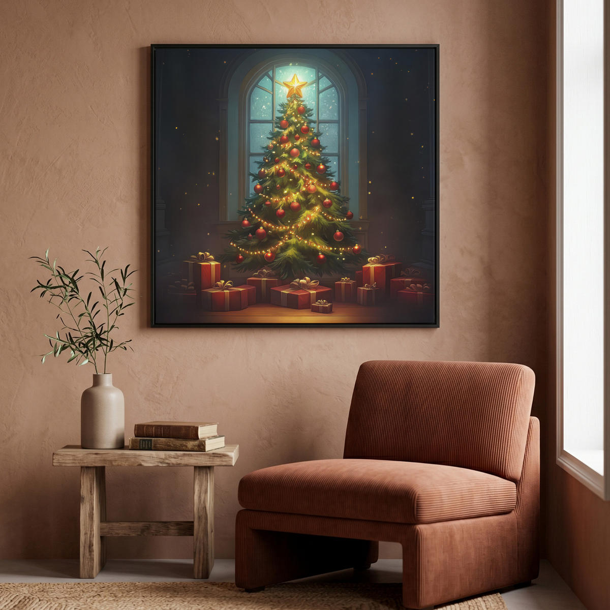 LEINWAND Bilder mit Rahmen - Weihnachtsbaum - Geschenk - Winter - 90x90 - Grün, Textil (90/90cm) - MuchoWow