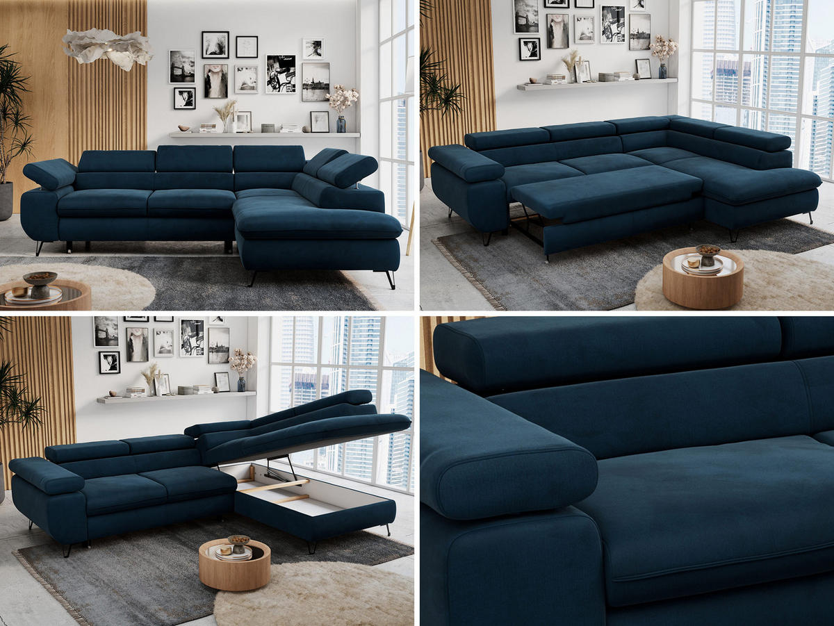 ECKSOFA PETER L Dunkelblau Velvet - Rechts Seite - Schwarz/Dunkelblau, Textil/Metall (273/208cm) - MKS