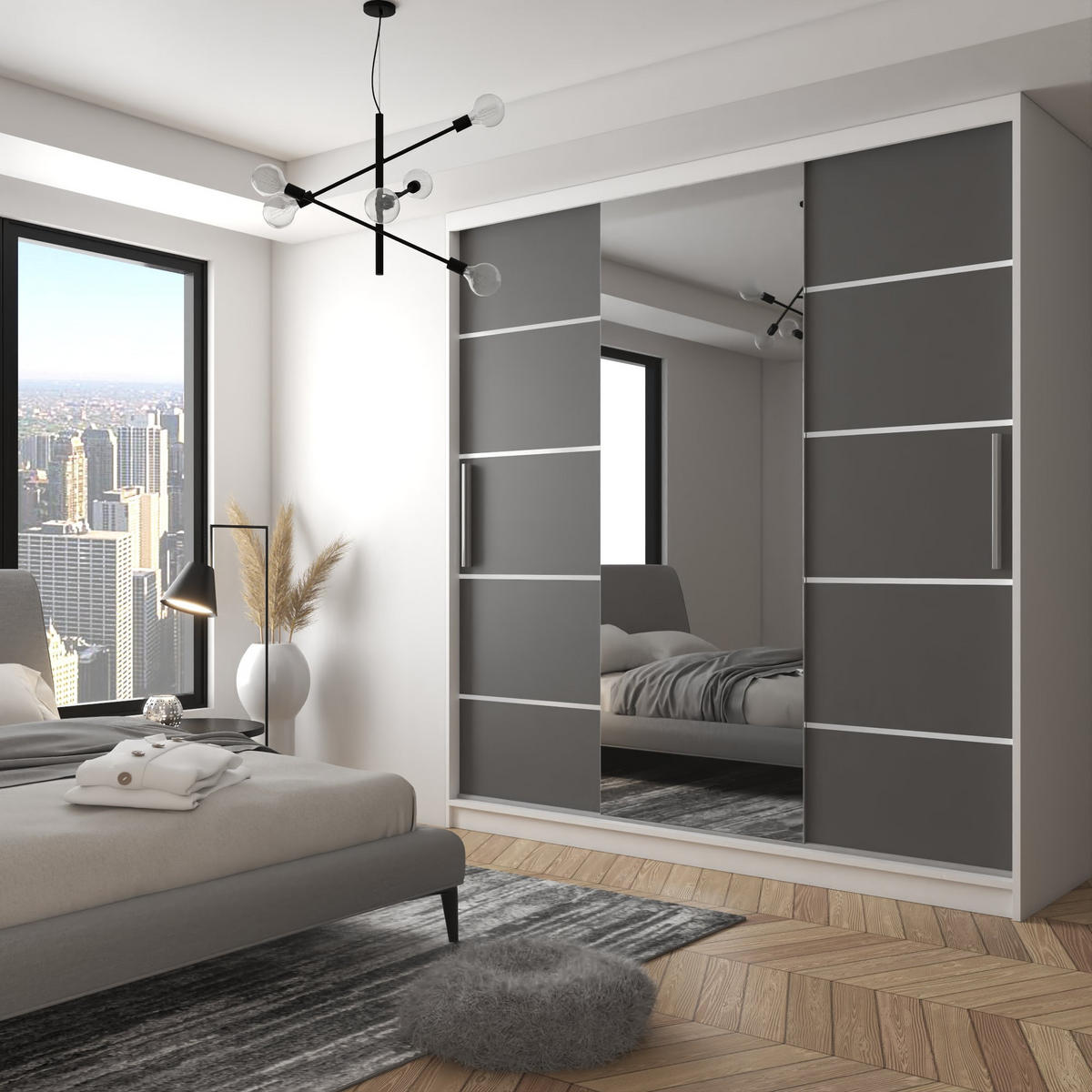 BELINI Verona MT, posuvné skrine, 200 cm, biela/šedá, matný povrch - šatník so zrkadlom a 4 zásuvkami, pre spálňu - sivá, drevo (200/216/60cm) - B BELINI GROUP