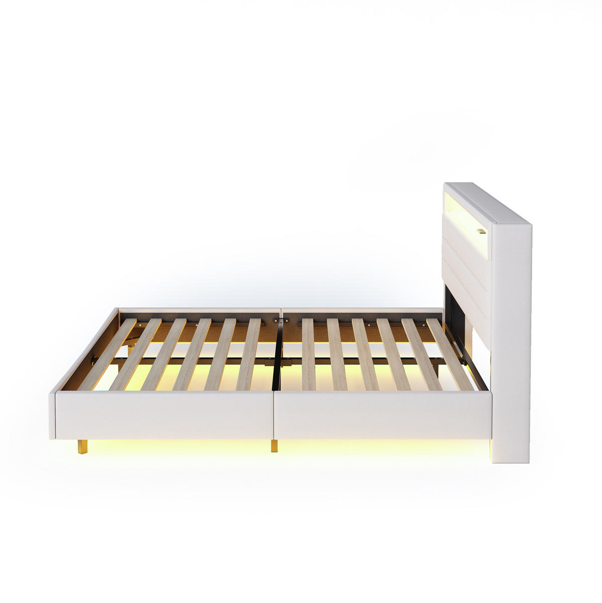 POLSTERBETT 140/200 cm mit LED-Beleuchtung, USB-Anschluss und Stauraum im Kopfteil - Beige, Textil (140/200cm) - BEAOK