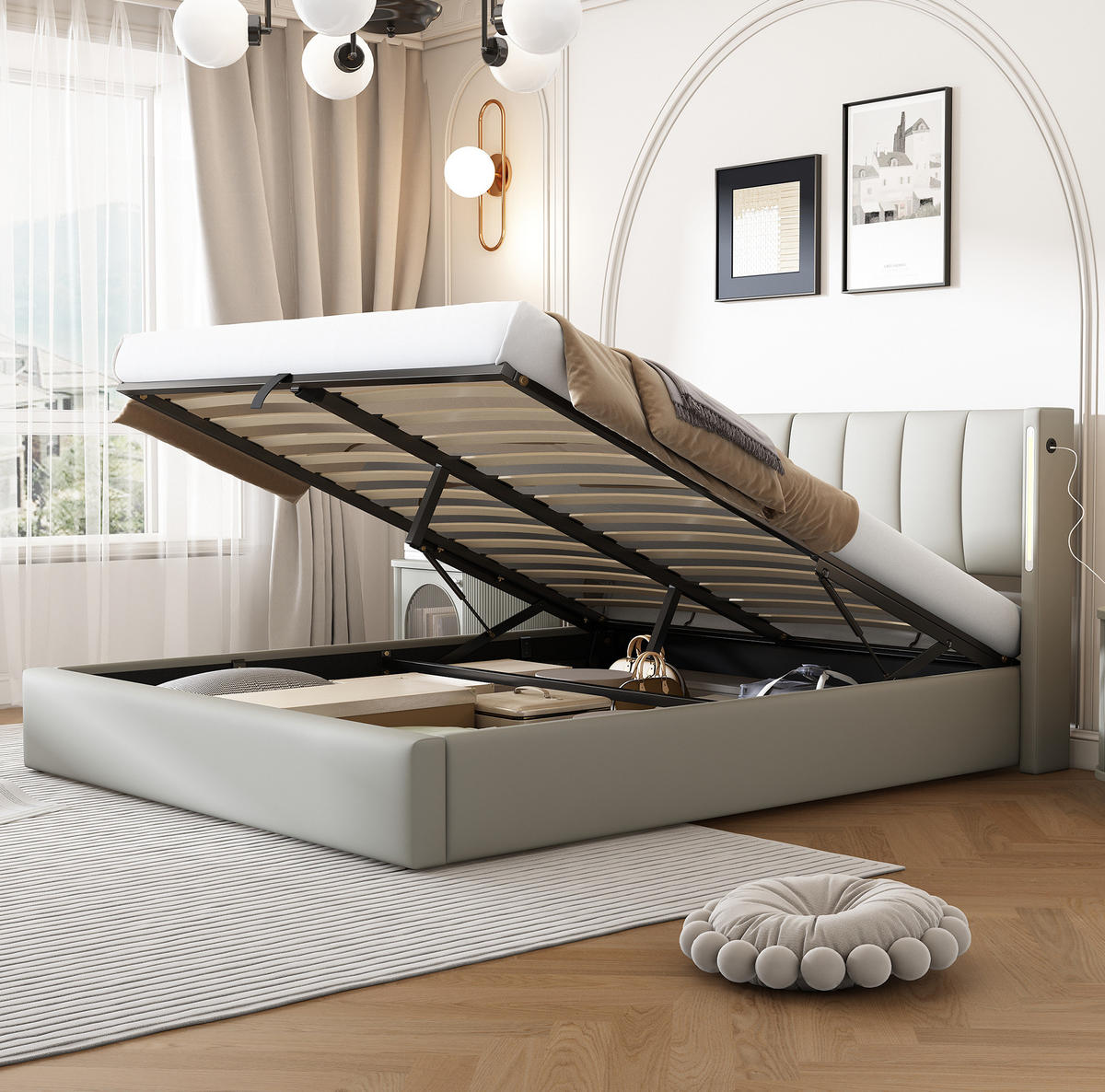 ČALÚNENÁ posteľ z PU 140x190 cm sivá s LED osvetlením, USB portom, hydraulickým úložným priestorom a nastaviteľným čelom - sivá, plast (140/190cm) - Modfu
