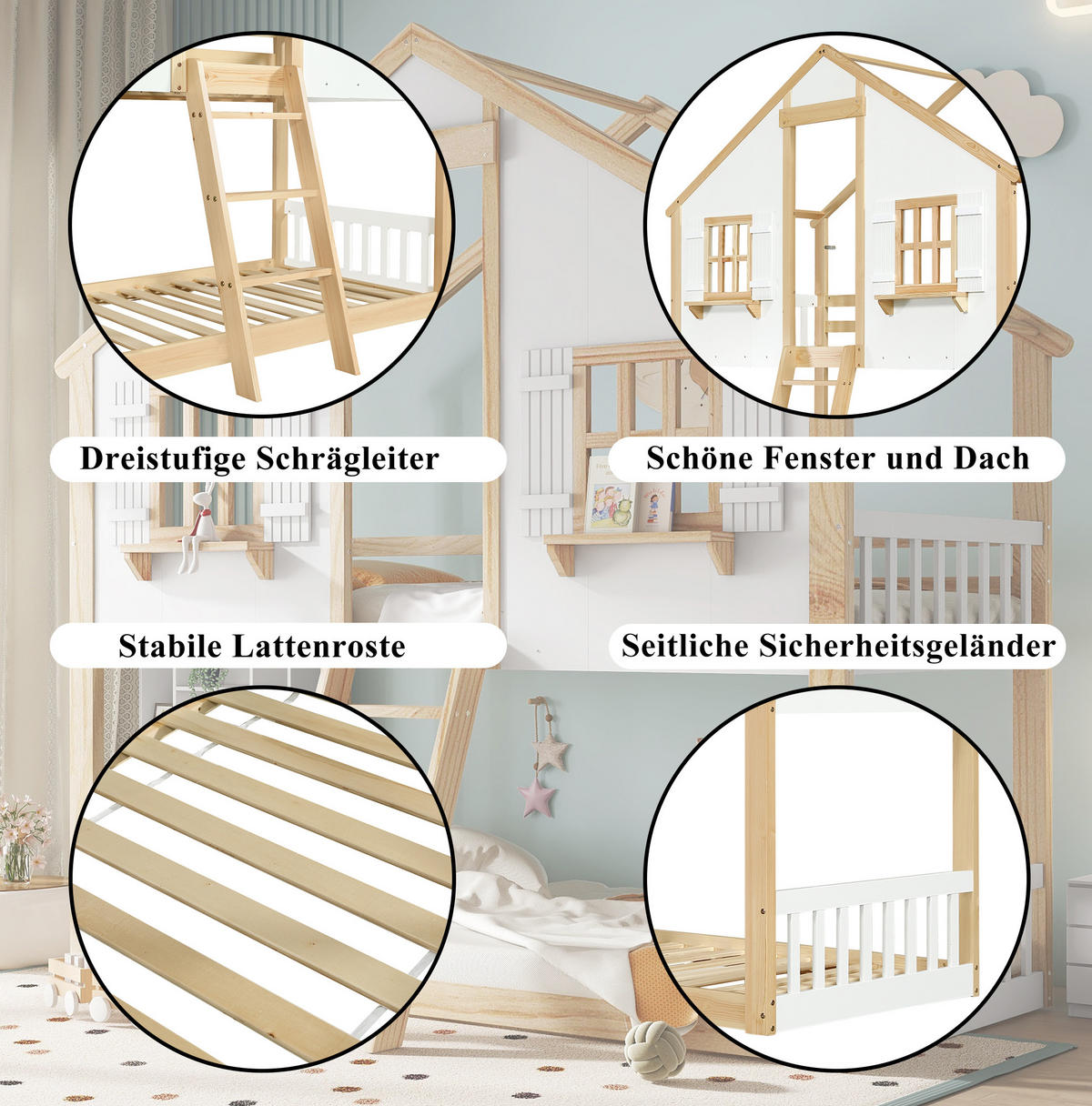 POSCHODOVÁ posteľ 90/200 cm biela/prírodná s oknami a strechou z masívneho dreva a MDF - biela, kompozitné drevo (90/200cm) - OKWISH
