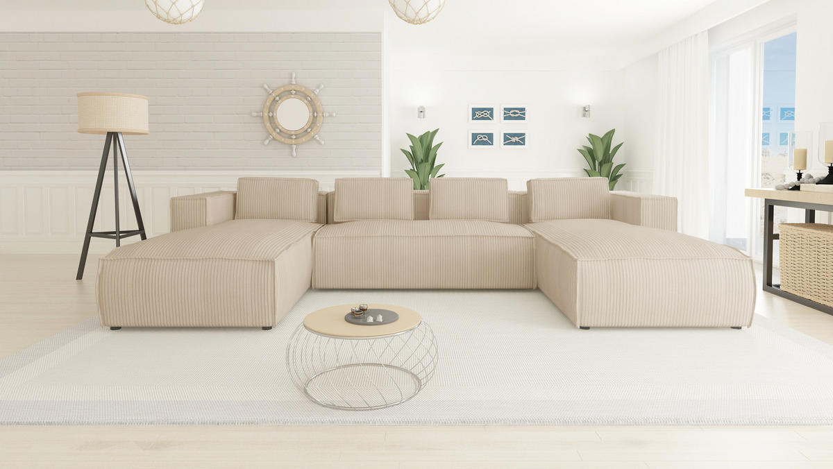 WOHNLANDSCHAFT Nova Beige Cord - Beige/Schwarz, Holz/Kunststoff (327/64/176cm) - S-Style Möbel