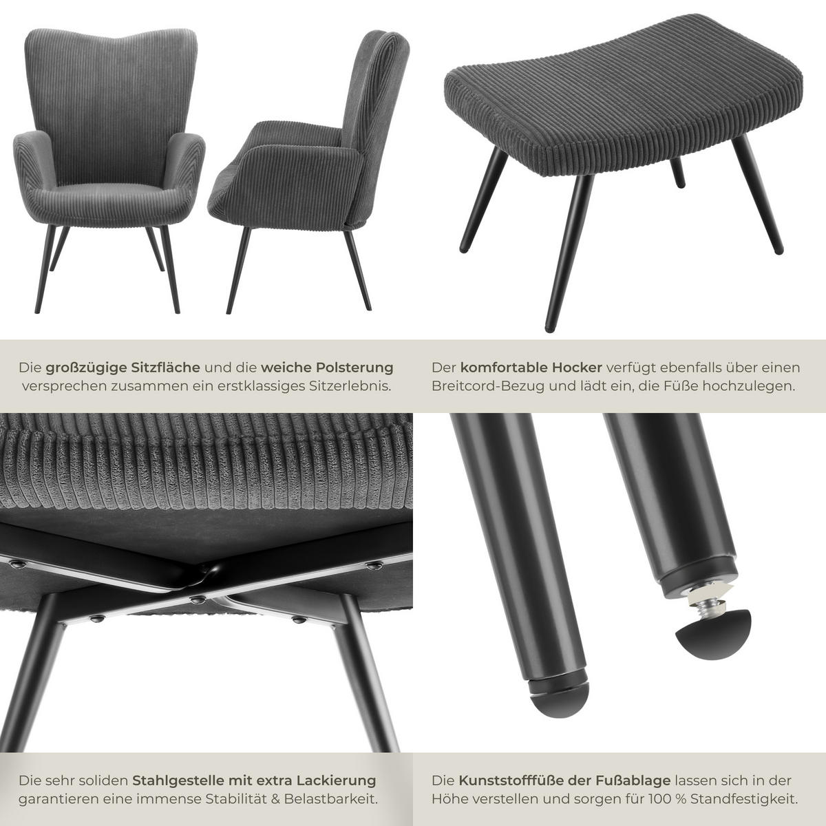 SESSEL Hygge,72 x 76 x 100,5 cm,Breitcord anthrazit/schwarz - Anthrazit/Schwarz, Kunststoff (72/100.5/76cm) - tectake