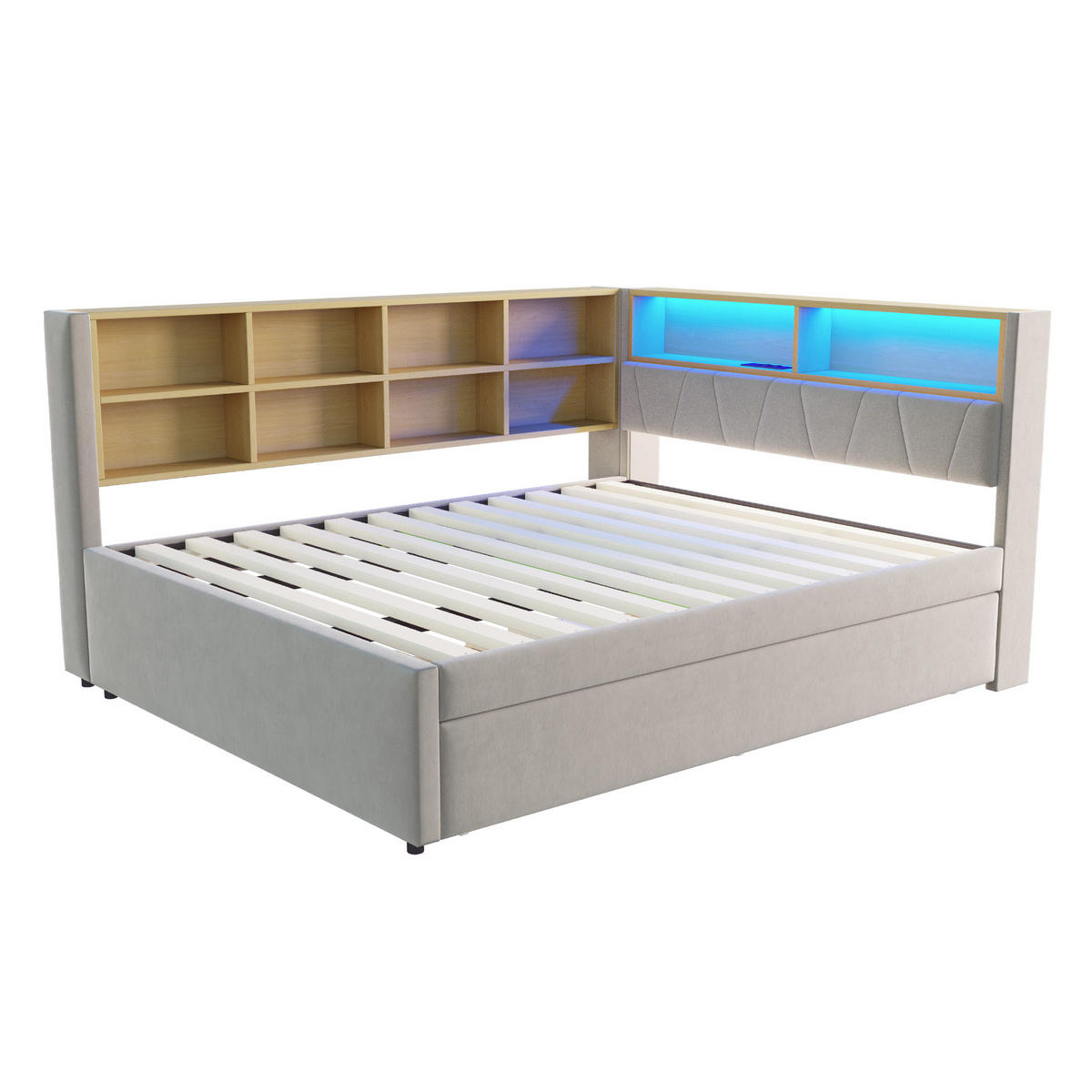 KREVET od flanela 140/200 cm s izvlačnim ležajem 90/190 cm, LED osvjetljenjem i pretincima, Svijetlosiva - svijetlo siva, tekstil (213/98/153cm) - Redom