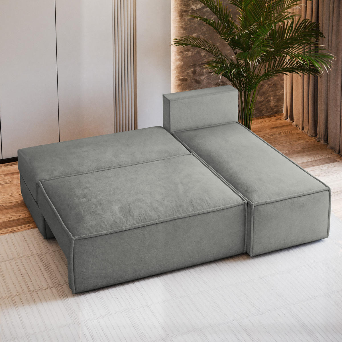 ECKSOFA BRISO M Hellgrau Velours-Stoff mit Schlaffunktion - Hellgrau, Holz (200/140cm) - MASSENO