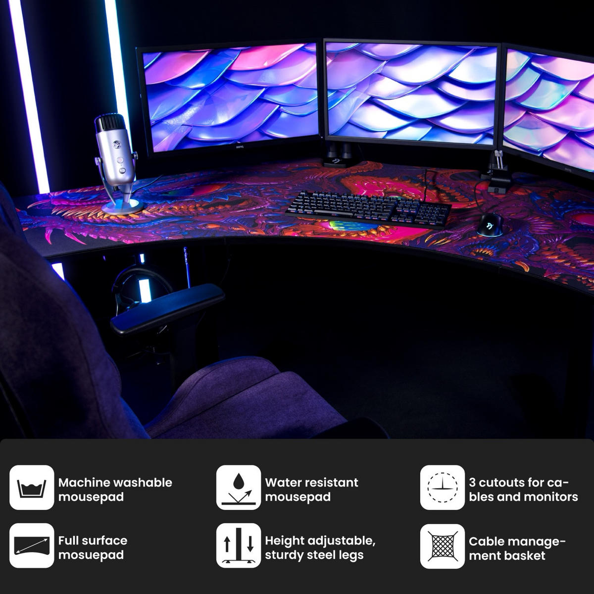 GAMINGTISCH Arena Angelo 225/71/71-81 cm Crawling Chaos - Schwarz, Metall (71/225/71cm) - Arozzi