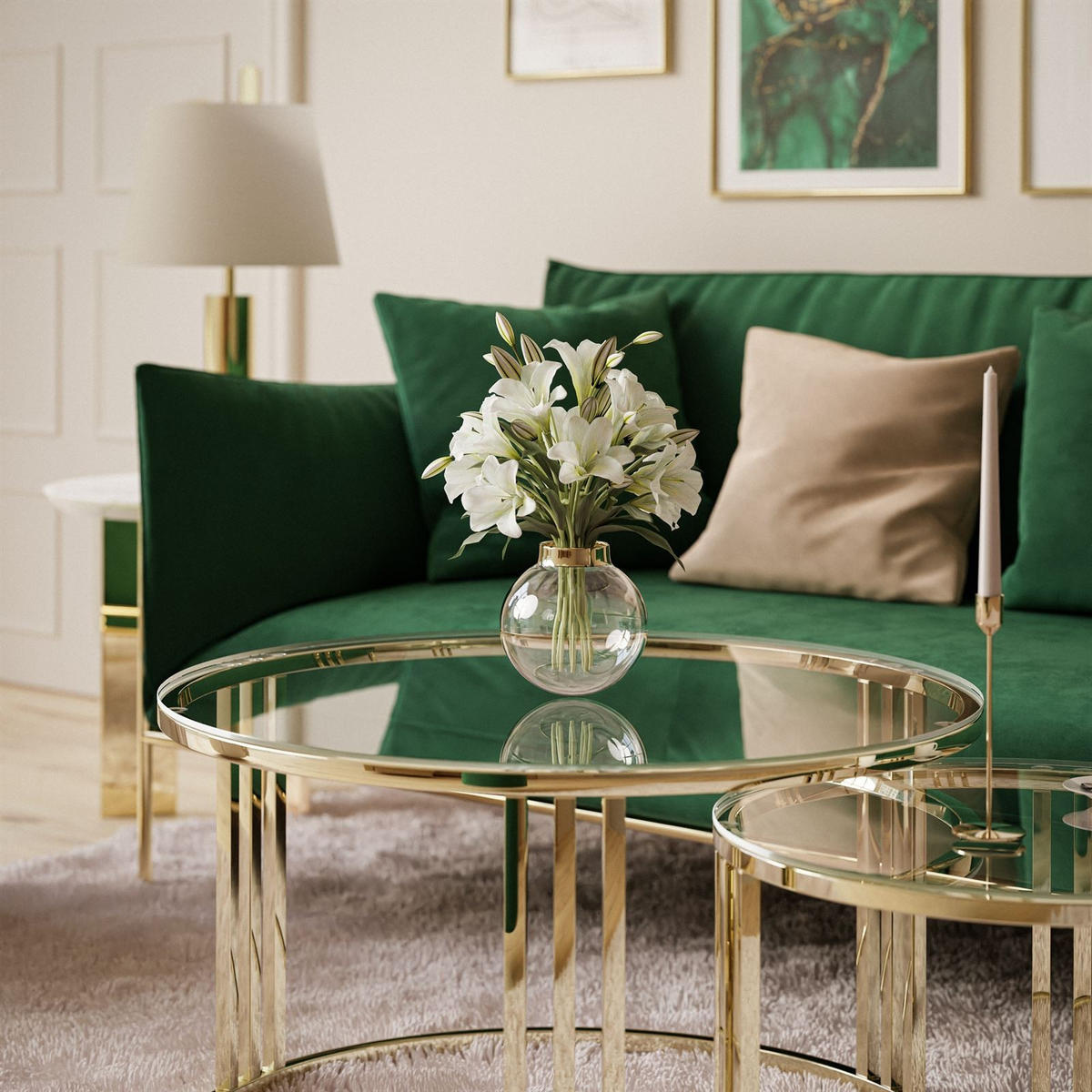 COUCHTISCH 2 in 1 LORI GLASS verchromt gold - Transparent/Goldfarben, Glas (70/70/48cm) - Lookway