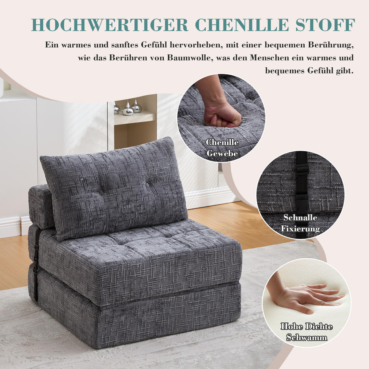 STOFFSOFA Grau inkl. Kissen, klappbar Polstersessel 79x180cm - Grau, Textil (79/57/79cm) - PARAFTA HOME