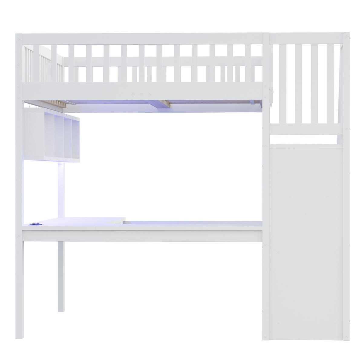 VYSOKÁ posteľ 140/200 cm biela z dreva s úložnými schodmi písacím stolom LED osvetlením a zásuvkou USB - biela, kompozitné drevo (140/200cm) - OKWISH