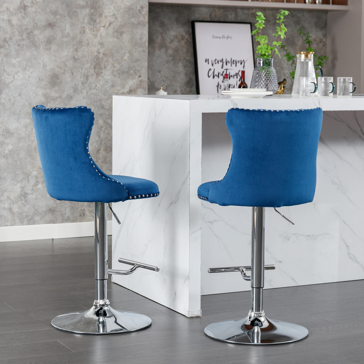 BARHOCKER Blau 2er-Set Samt Höhenverstellbar & Drehbar mit Rückenlehne - Blau, Textil (46/115/46cm) - PANGIVO