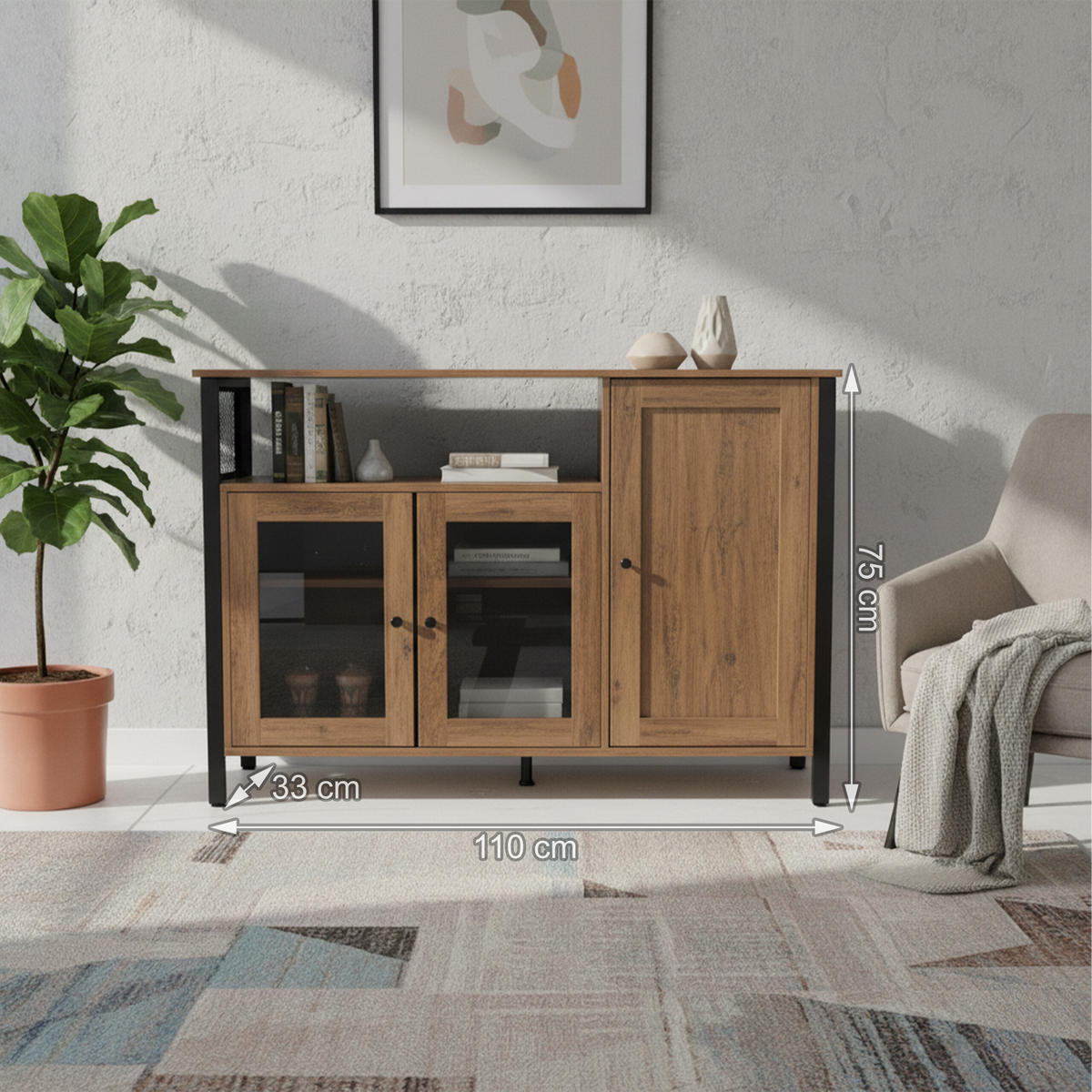 KÜCHENSCHRANK - Schwarz/Braun, Glas/Holzwerkstoff (110/75/33cm) - Relaxdays