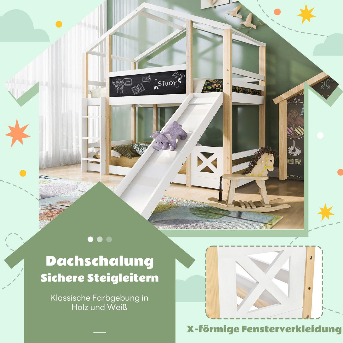 HOCHBETT 0,9*2m mit Rutsche&Leiter Baumhausbett - Weiß, Holzwerkstoff (90/200cm)