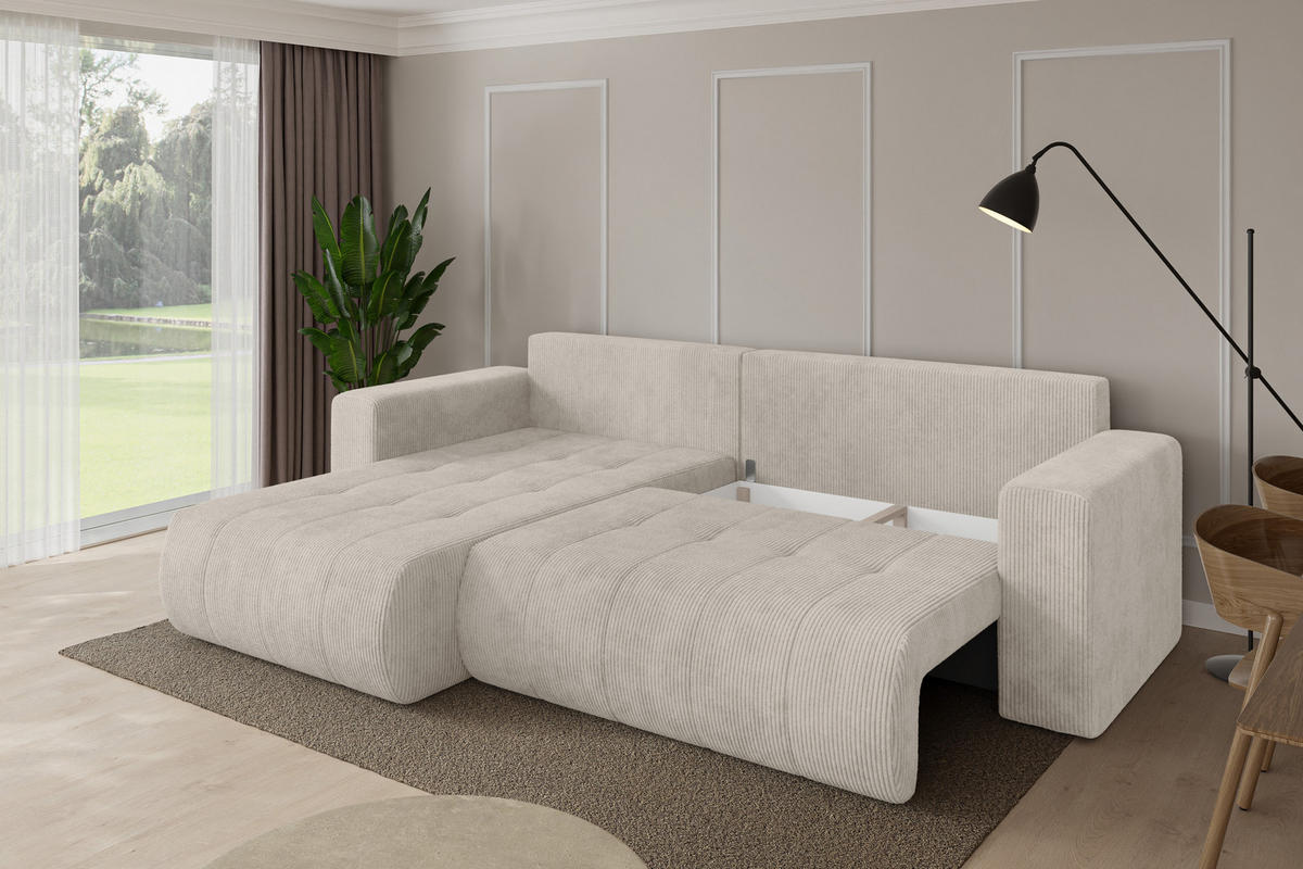 ROHOVÁ SEDAČKA s funkcí spaní, otoman vlevo MILA-L 277x194x86 krémová manšestr - černá/krémová, kompozitní dřevo/textil (277/194cm) - ALTDECOR