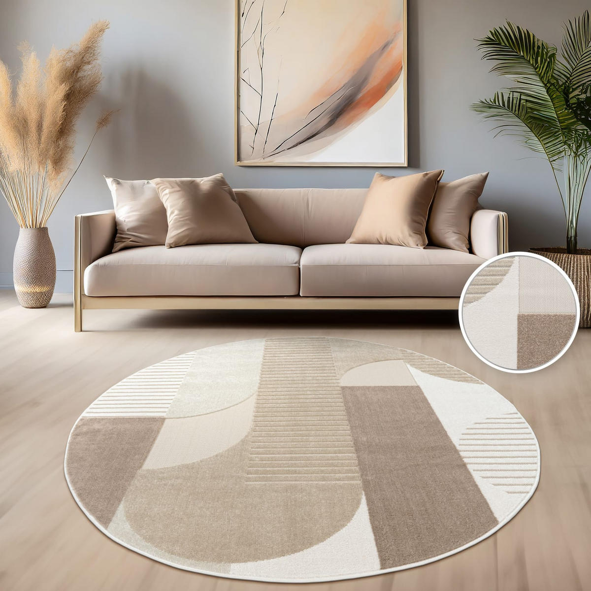 TEPPICH Kurzflor Abstrakt Wohnzimmer schmutzabweisend Beige Rund 200D - Beige, Textil (200/200cm) - KADIMA DESIGN