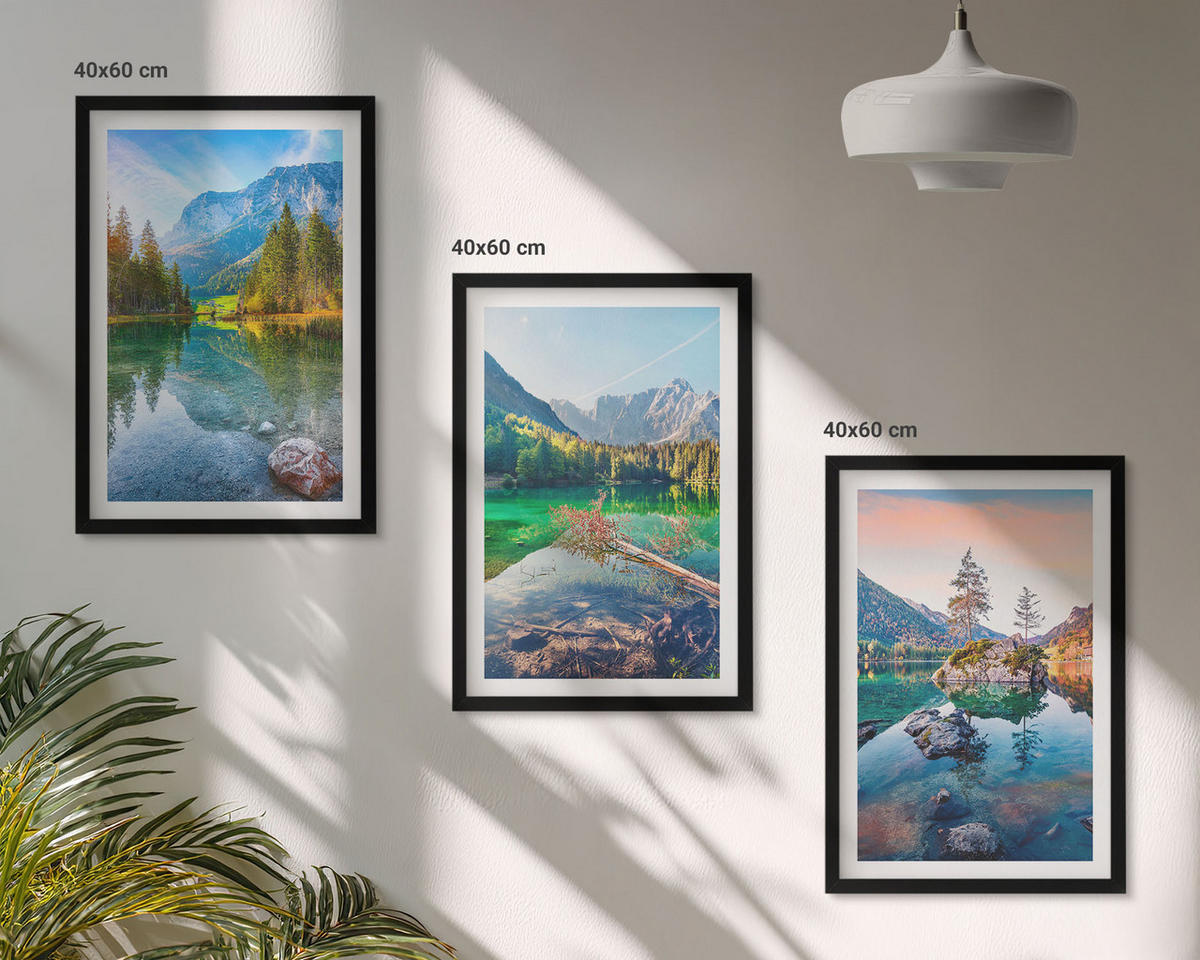 BILDER SET 3er Set - 40x60 cm Schwarzer Rahmen - Naturlandschaft der Bergseen - Schwarz, Kunststoff (40/60cm) - TULUP