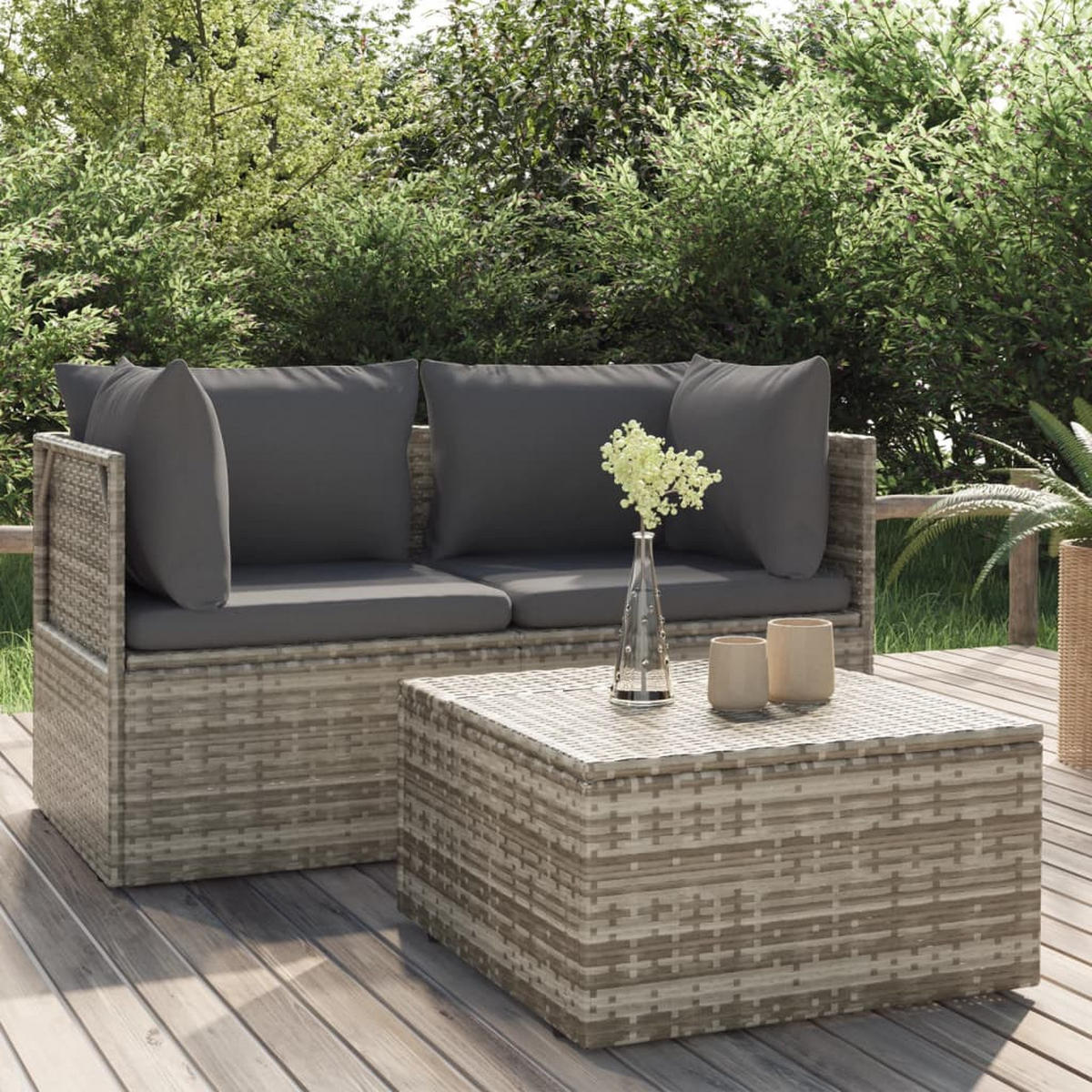 GARTEN-LOUNGE-SET 3-TLG. Mit Kissen Grau Poly Rattan - Grau, Kunststoff - vidaXL