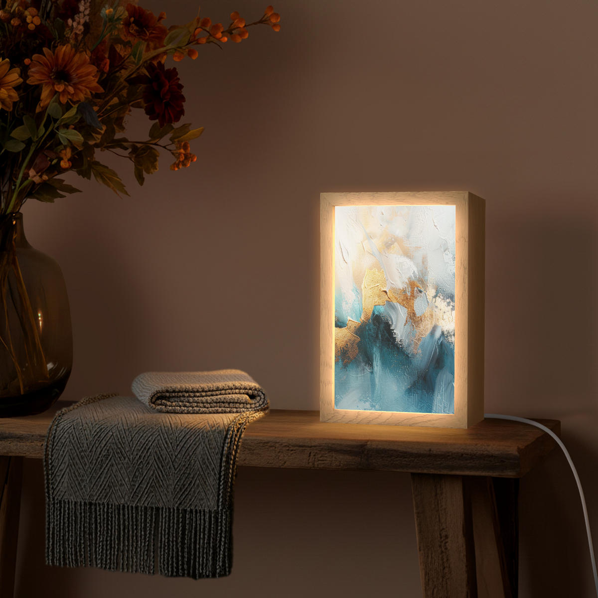 NÁSTĚNNÁ LAMPA Abstraktní - umění - zlatá - modrá 20x30 cm - tyrkysová, kompozitní dřevo (20/30/8cm) - OnlyWow