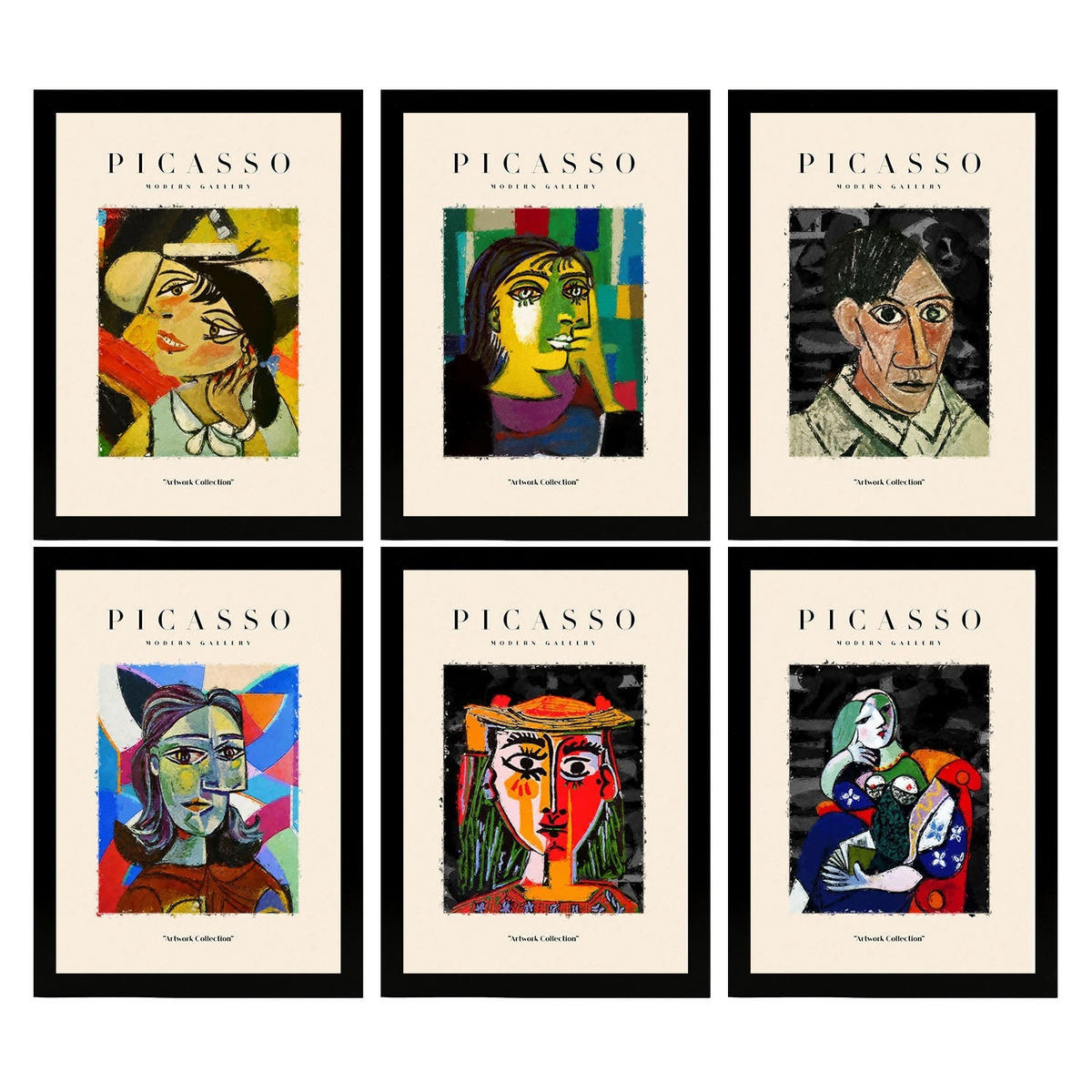 POSTER Set Mit 6 Illustrationen Von Pablo Picasso Dunkel A3 Schwarzer Rahmen - Schwarz, Papier (29/3cm) - Nacnic