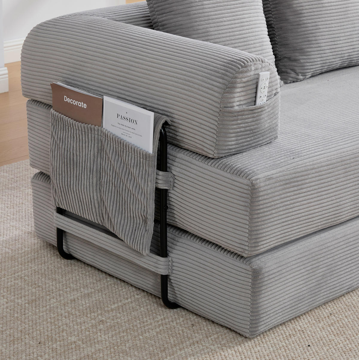 SOFA 200/190 cm in Hellgrau mit Seitentasche und 3 Kissen - Hellgrau, Textil (94/67/200cm) - Flora Grace