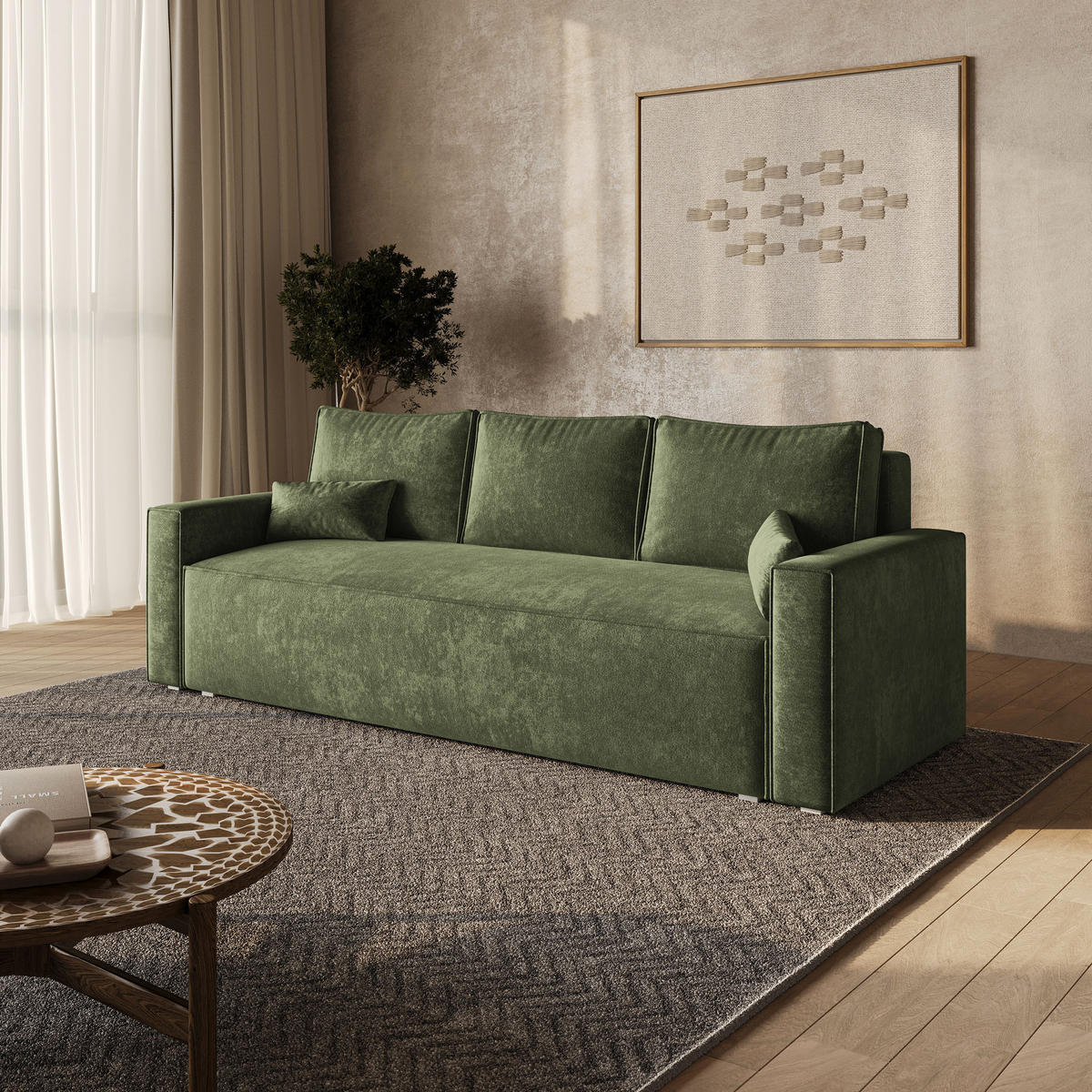 BETTSOFA MENI LM Grün Chenille-Stoff mit Schlaffunktion - Grün, Textil (232/85/87cm) - MASSENO