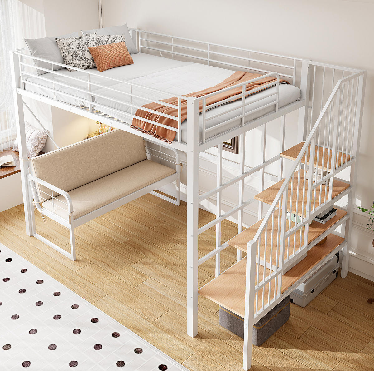 ETAGENBETT 140/200 cm Weiß mit Polstersofa und Stauraumleiter ohne Matratze - Weiß, Metall (140/200cm) - MIVRAY