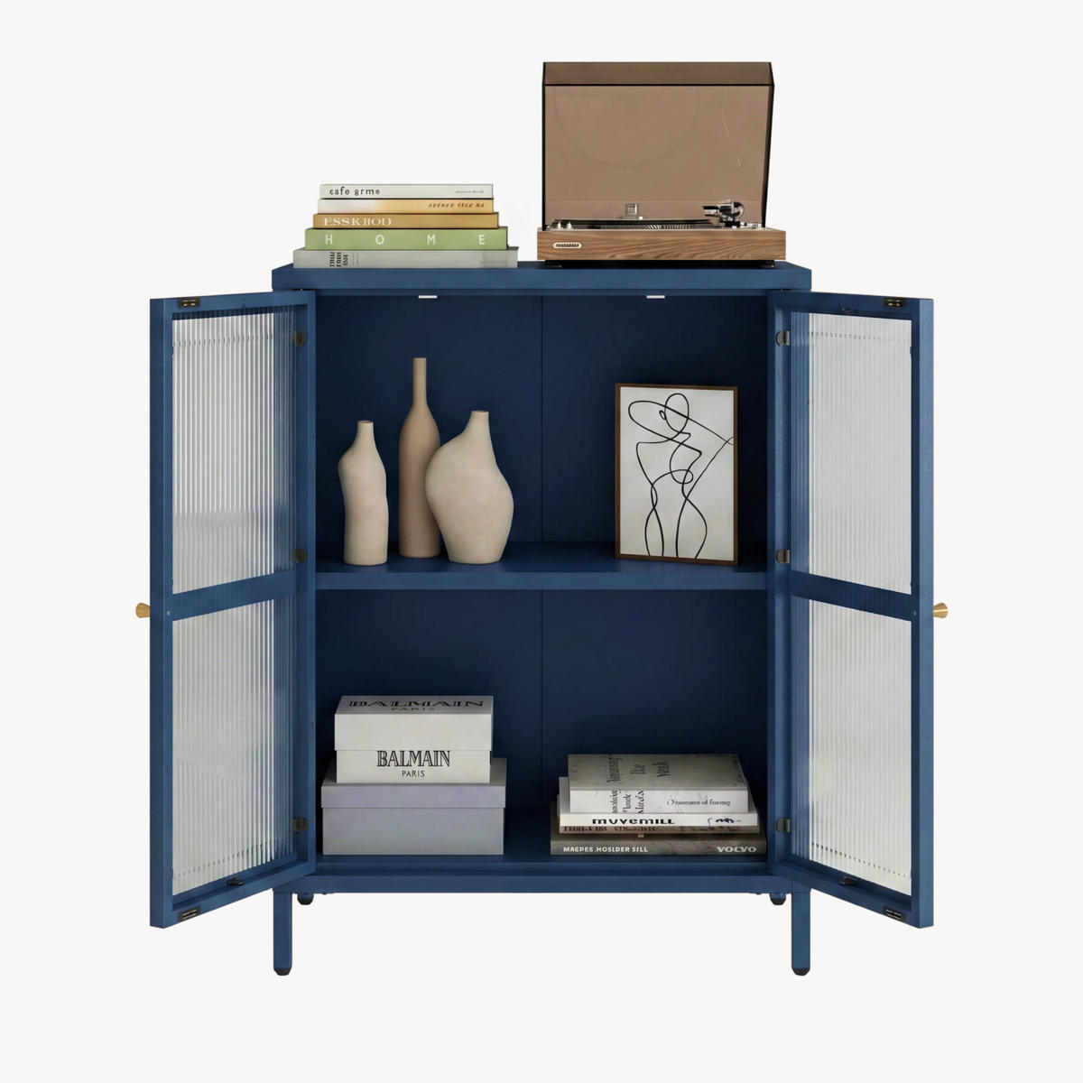 VITRÍNA Säkylä - modrá/průhledná, kov/sklo (64/84/35cm) - [en.casa]