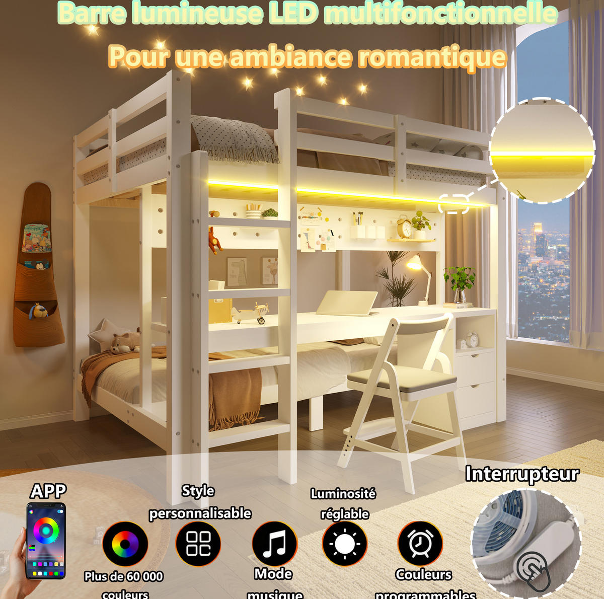 HOCHBETT 90/200 i 140/200 cm mit Schubladen, Schreibtisch und LED-Lichtleiste, Kiefernholz, Weiß/Natur - Weiß, Holz/Holzwerkstoff (90/200cm) - Redom