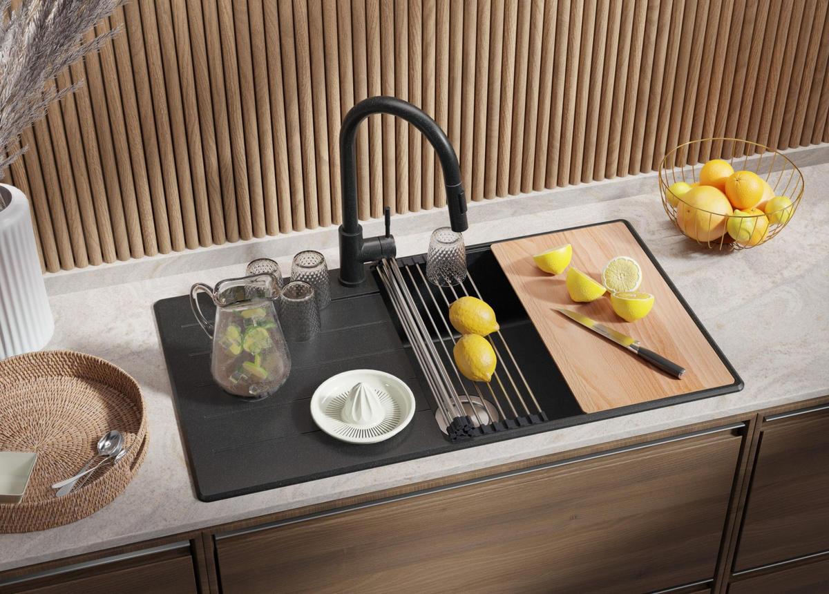 SPÜLBECKEN Kopenhagen, 2-er set Anthrazit 90/50 cm 1 Becken + Ablauf-Set + Schneidebrett ab 60er Unterschrank - Chromfarben/Anthrazit, Kunststoff (90/20/50cm) - Primagran