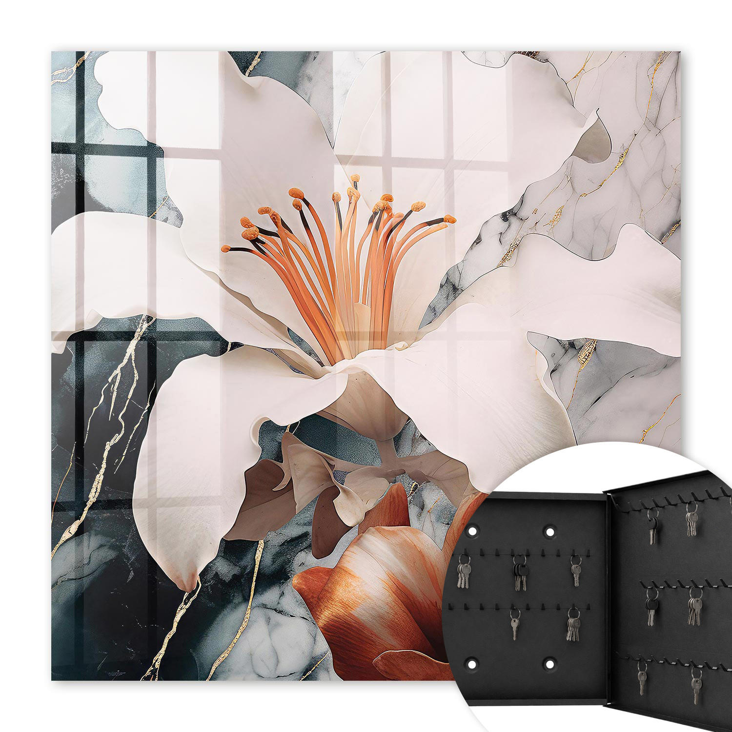 SCHLÜSSELBOX Schwarz 30x30 cm- Türöffnung nach rechts - Florale Eleganz - Weiß, Metall (30/30/5cm) - TULUP