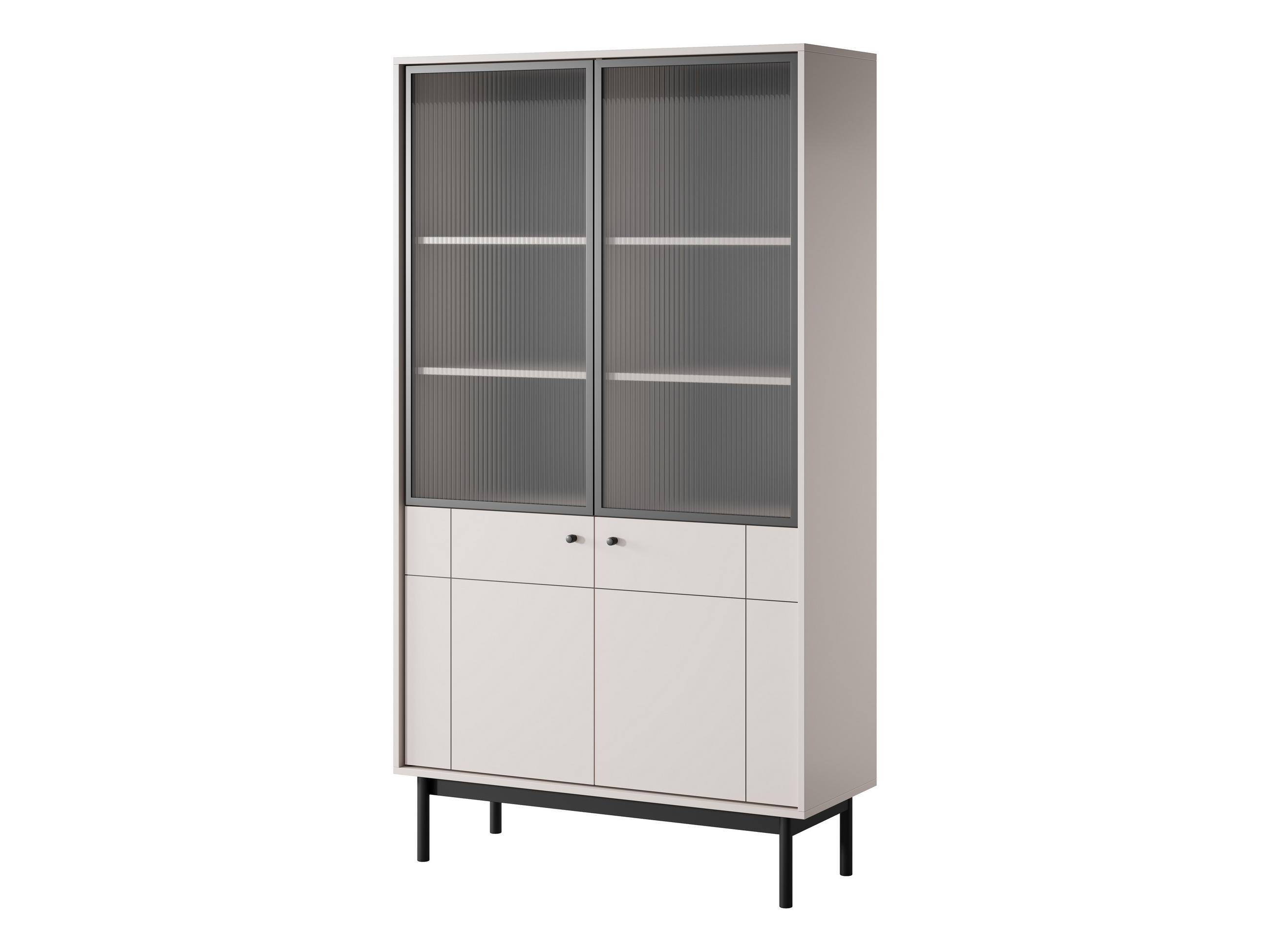 VITRINE SORA W4D (Cashmere, Gefräste Front, Riffelglas, Haefele Soft-Close, Holzfüße) - Kaschmir/Schwarz, Glas/Holz (104/185/39cm) - Ravio
